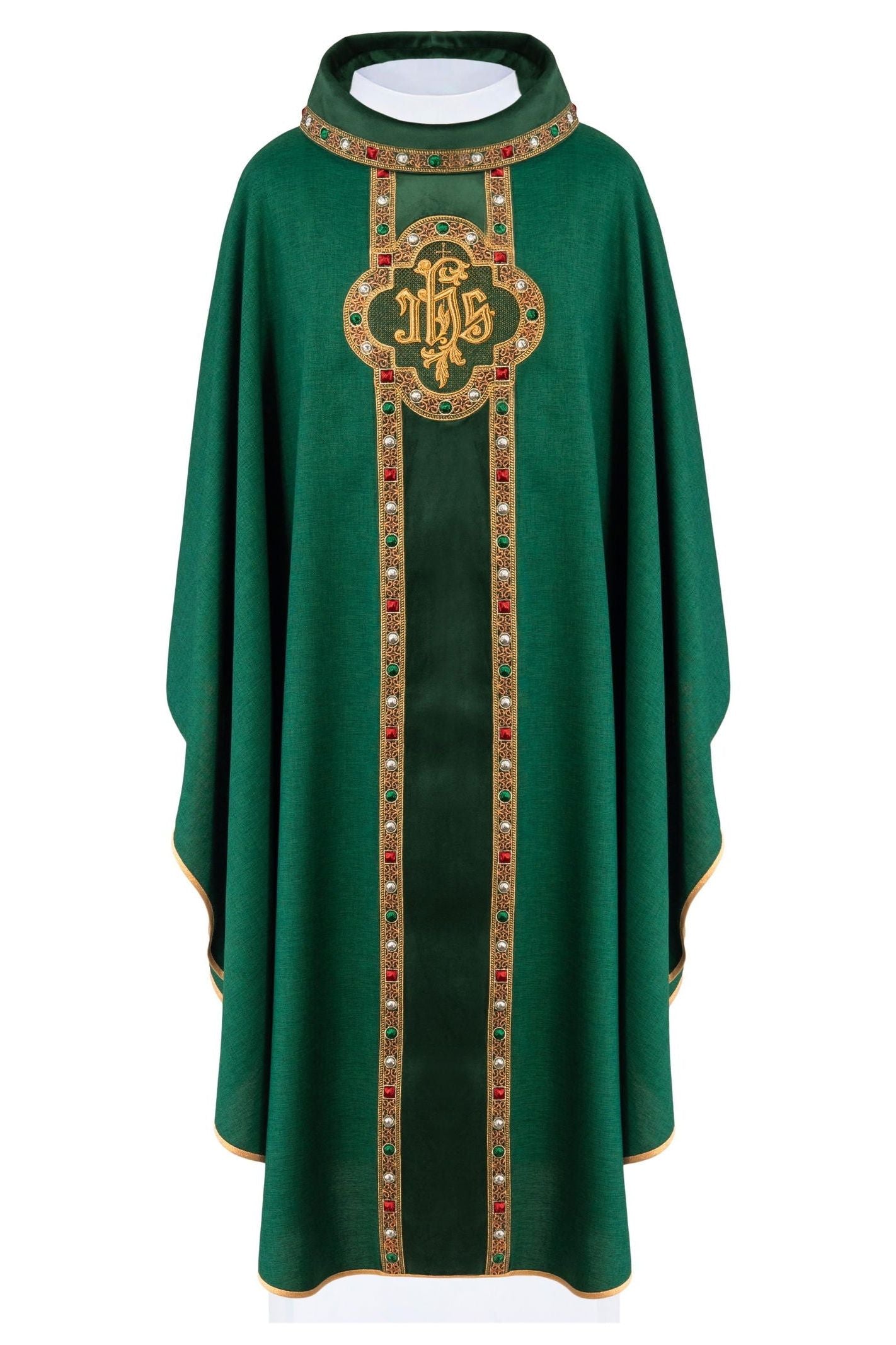 Chasuble with richly embroidered belt and piping around IHS embroidery and collar in green