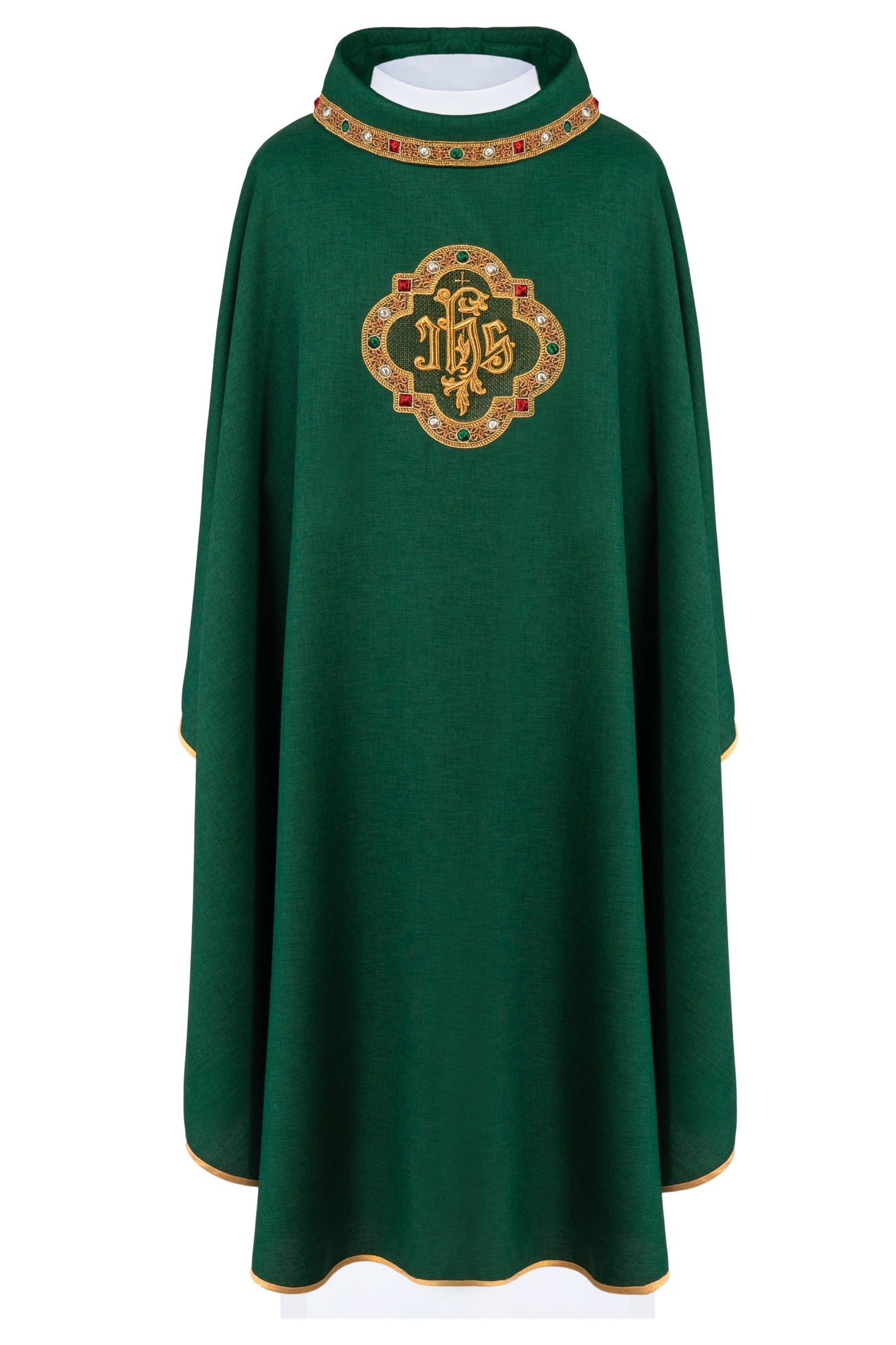 Chasuble with richly embroidered belt and piping around the IHS I collar embroidery in green