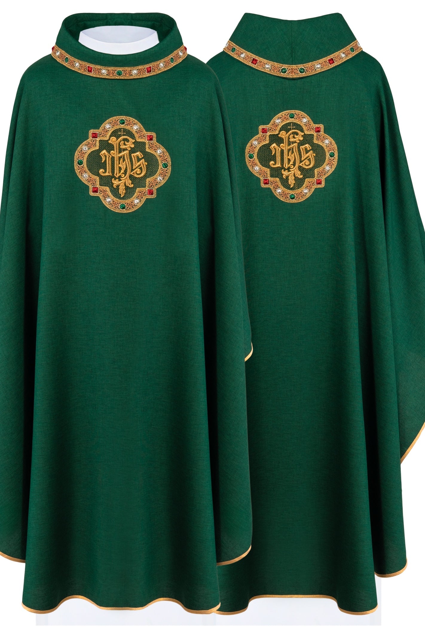 Chasuble with richly embroidered belt and piping around the IHS I collar embroidery in green