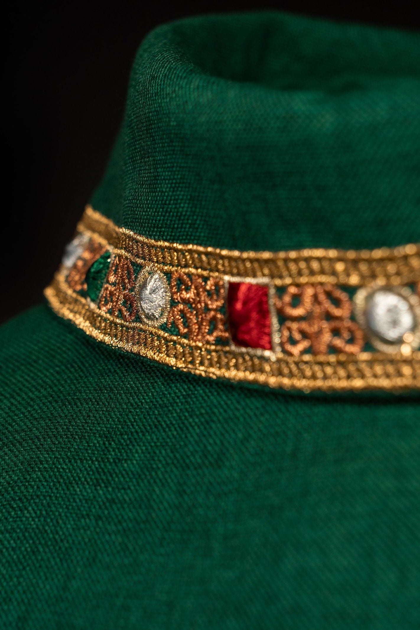 Chasuble with richly embroidered belt and piping around the IHS I collar embroidery in green