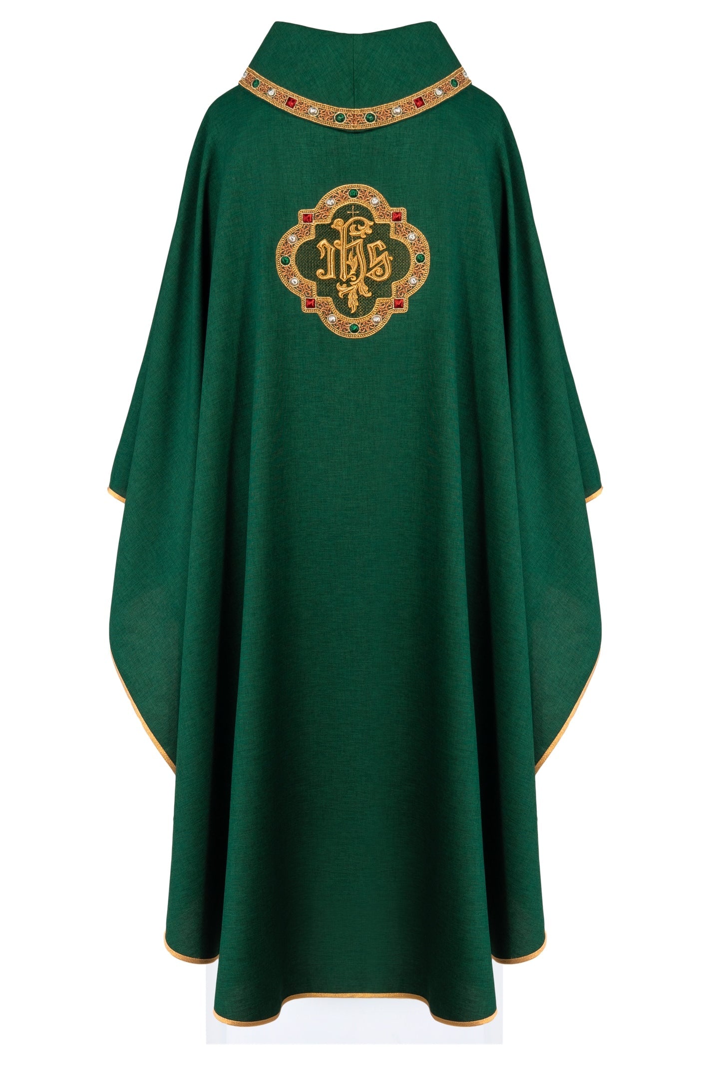 Chasuble with richly embroidered belt and piping around the IHS I collar embroidery in green