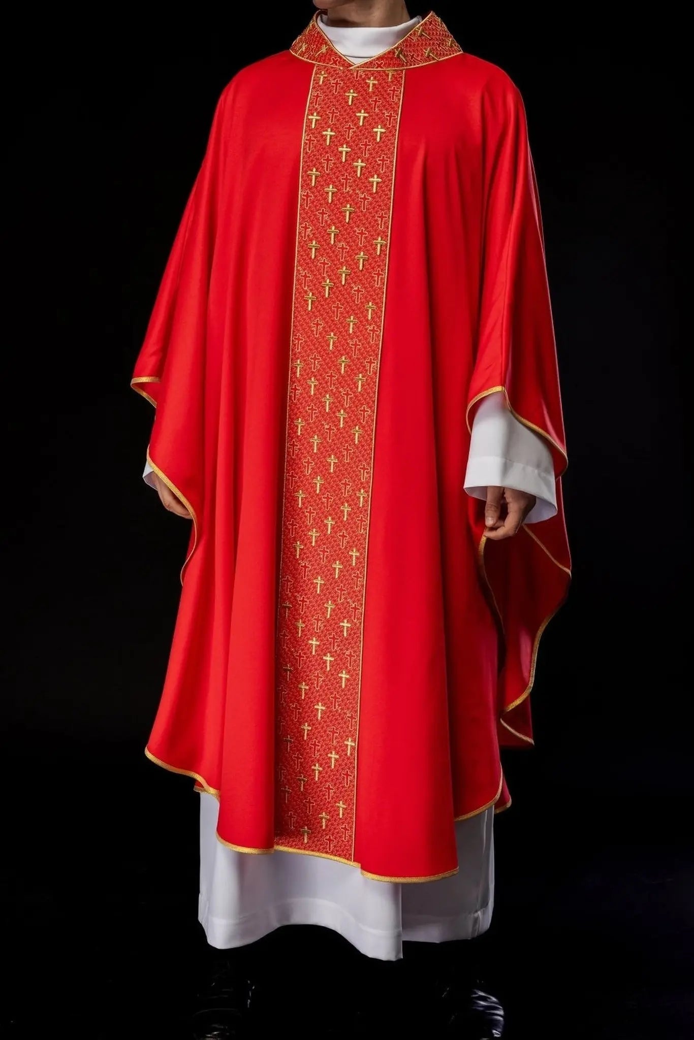 Chasuble with richly embroidered belt with crosses in red color