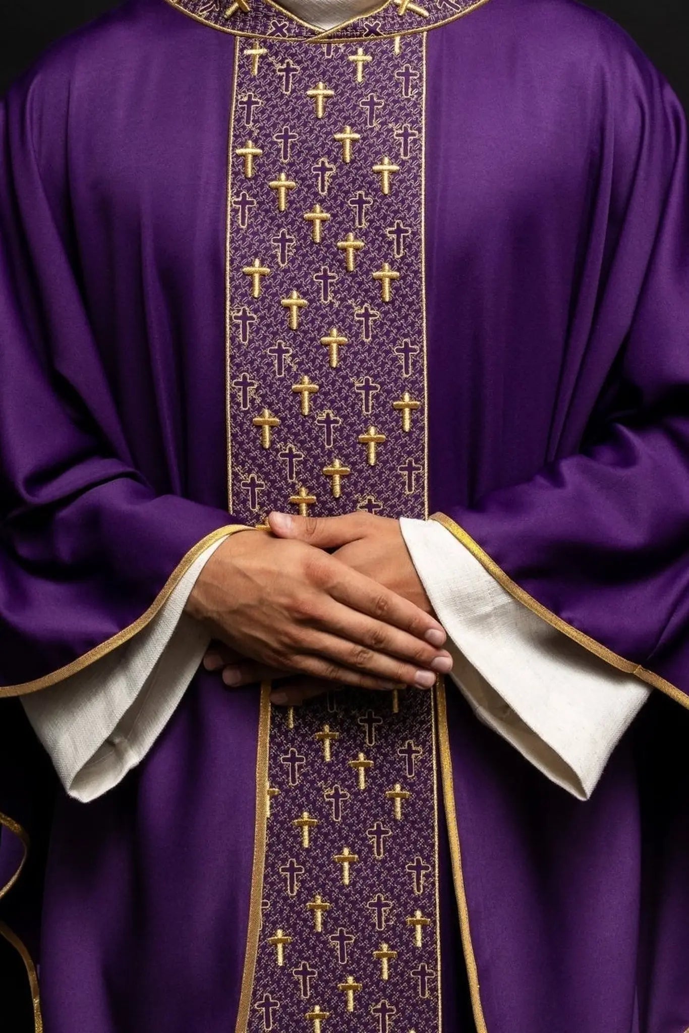 Chasuble with richly embroidered belt with crosses in purple color