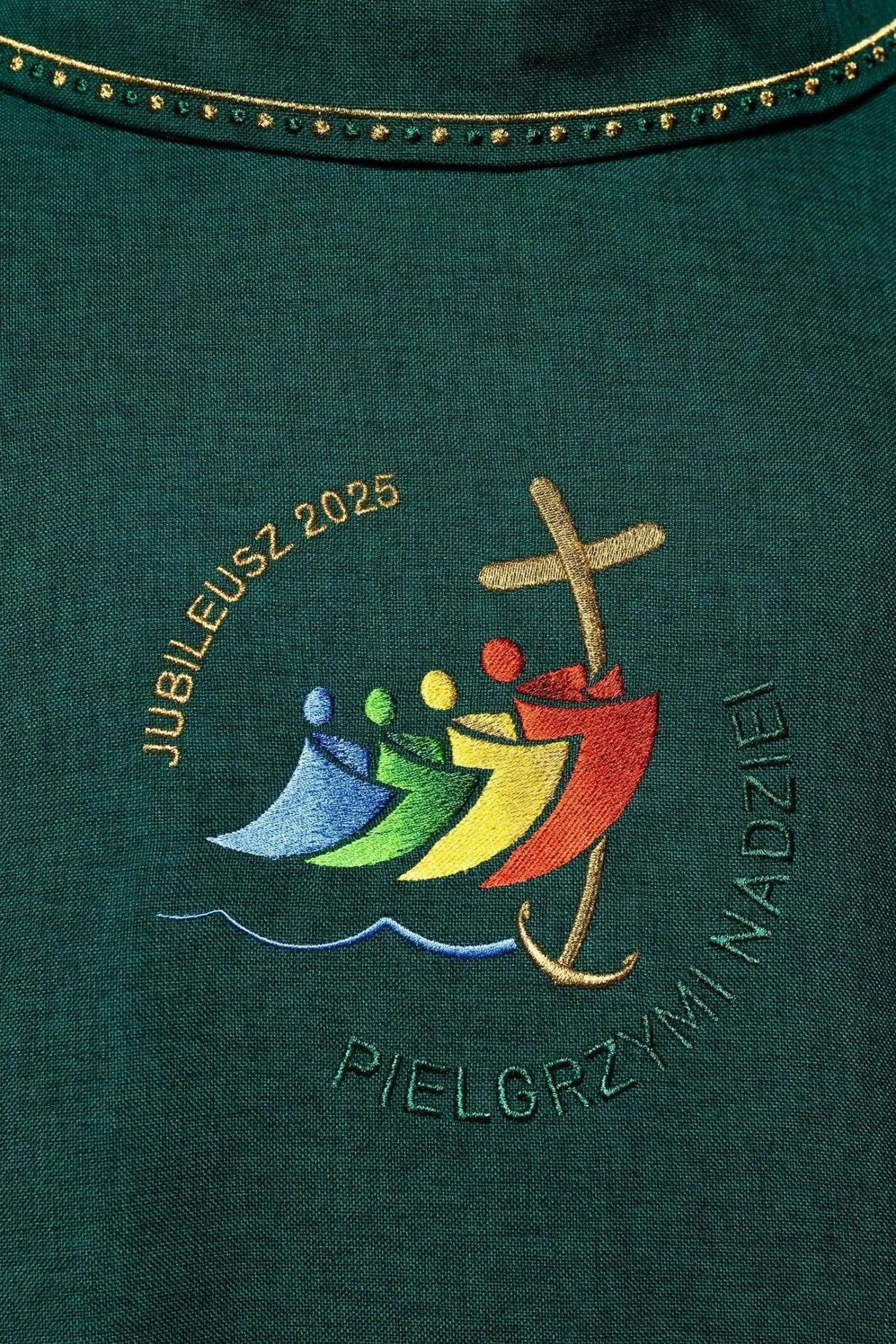 Green chasuble with JUBILEE ROME 2025 embroidery and collar trim