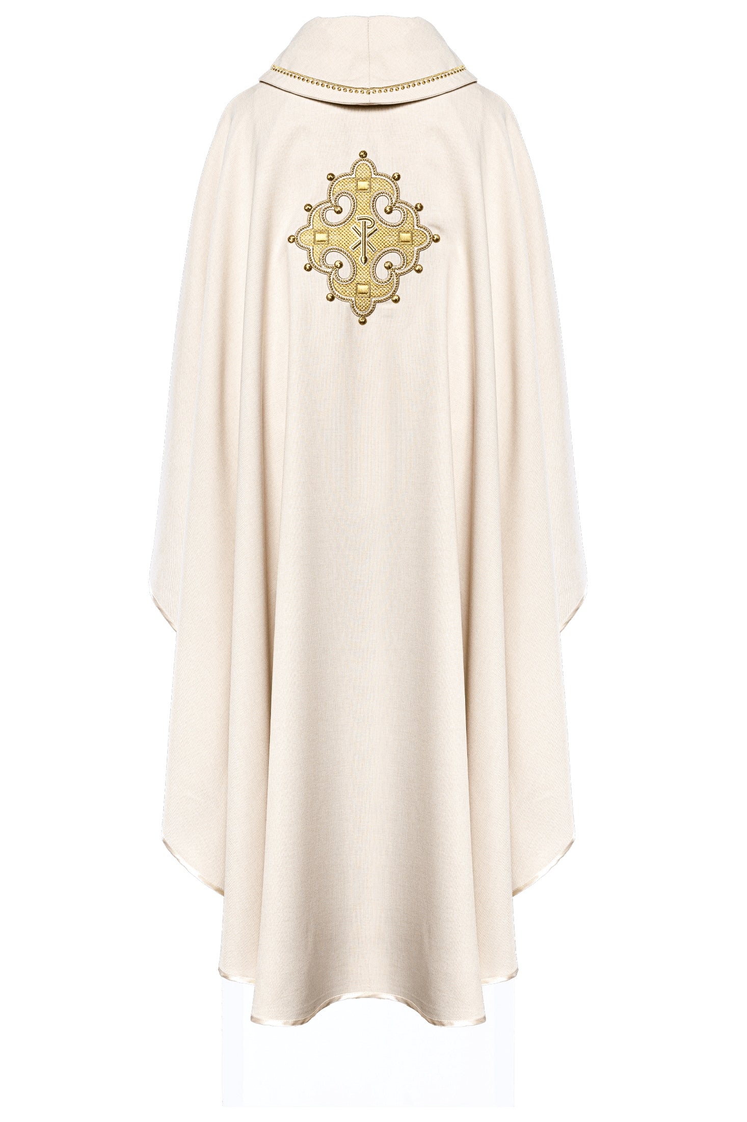 Chasuble with embroidered cross and gold trim on collar in ecru color