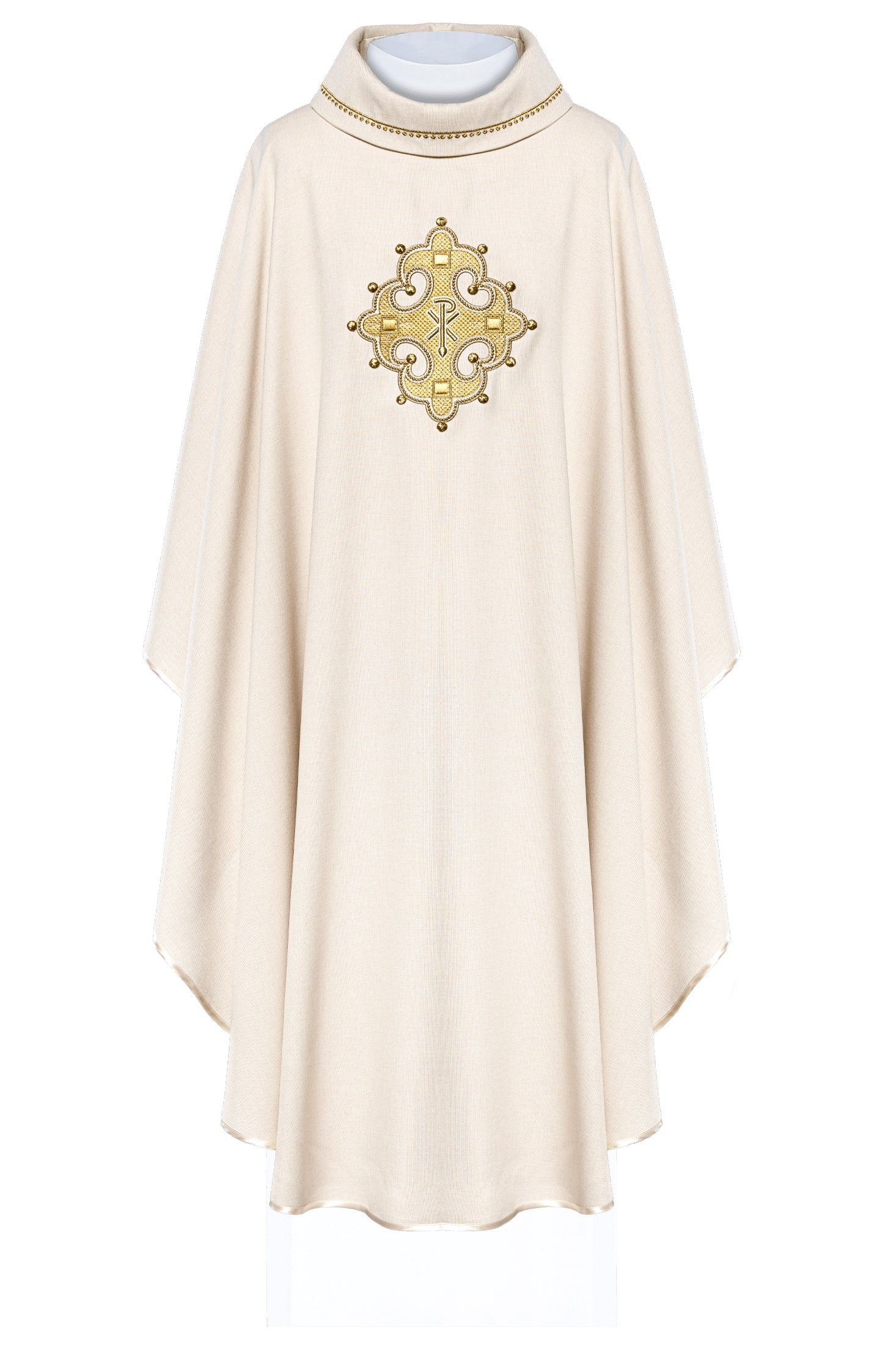 Chasuble with embroidered cross and gold trim on collar in ecru color