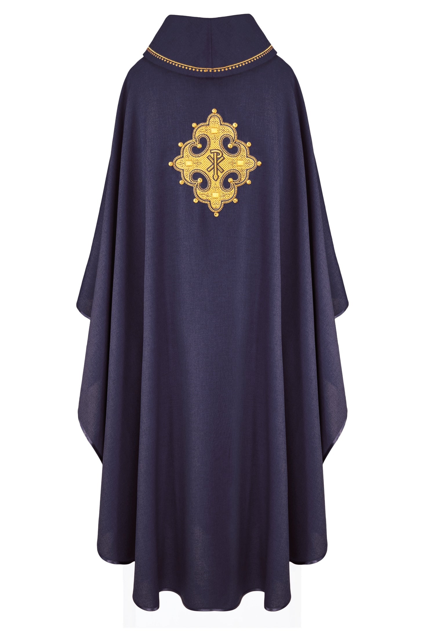 Chasuble with embroidered cross and gold trim on the collar in purple