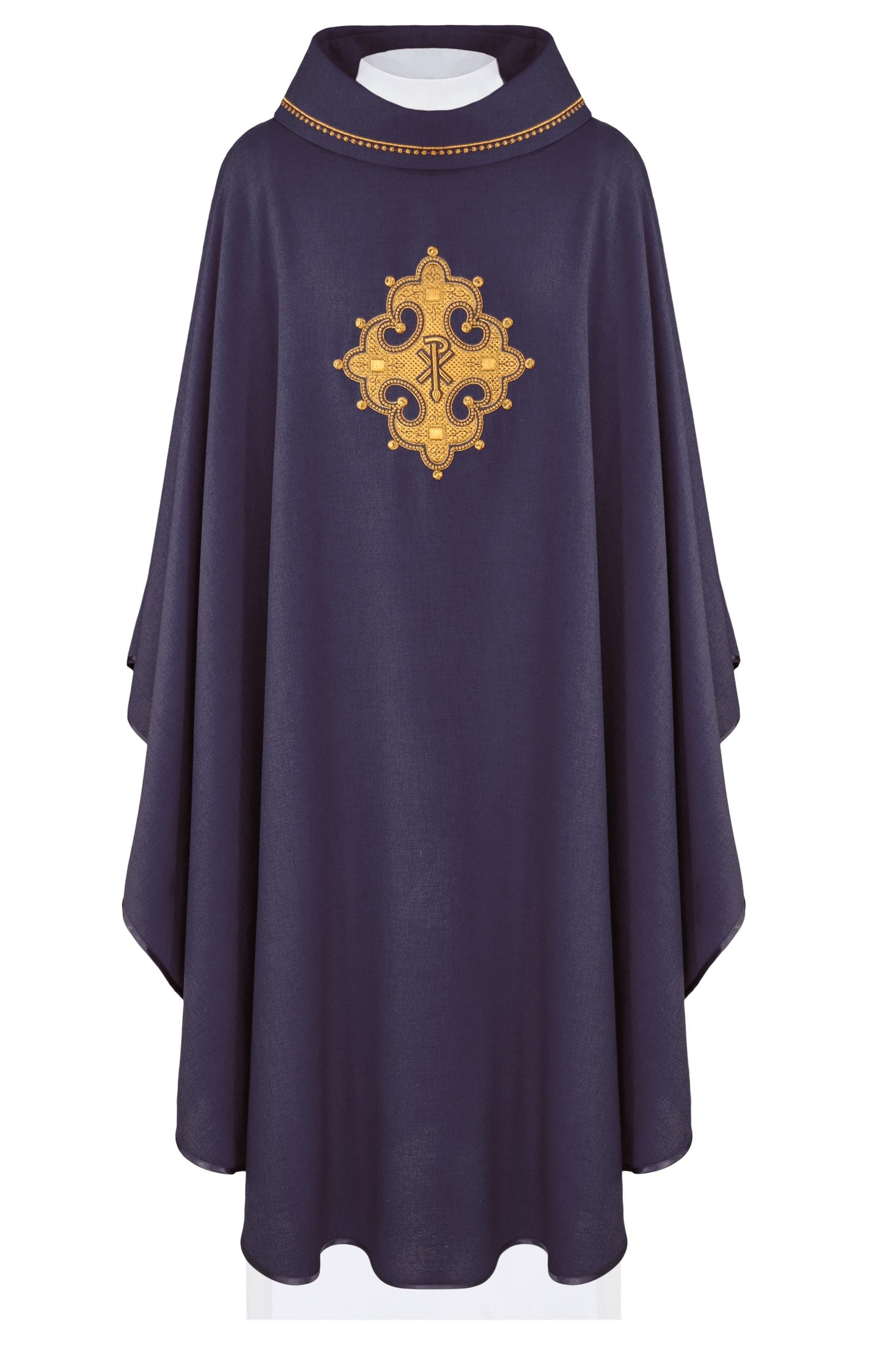 Chasuble with embroidered cross and gold trim on the collar in purple