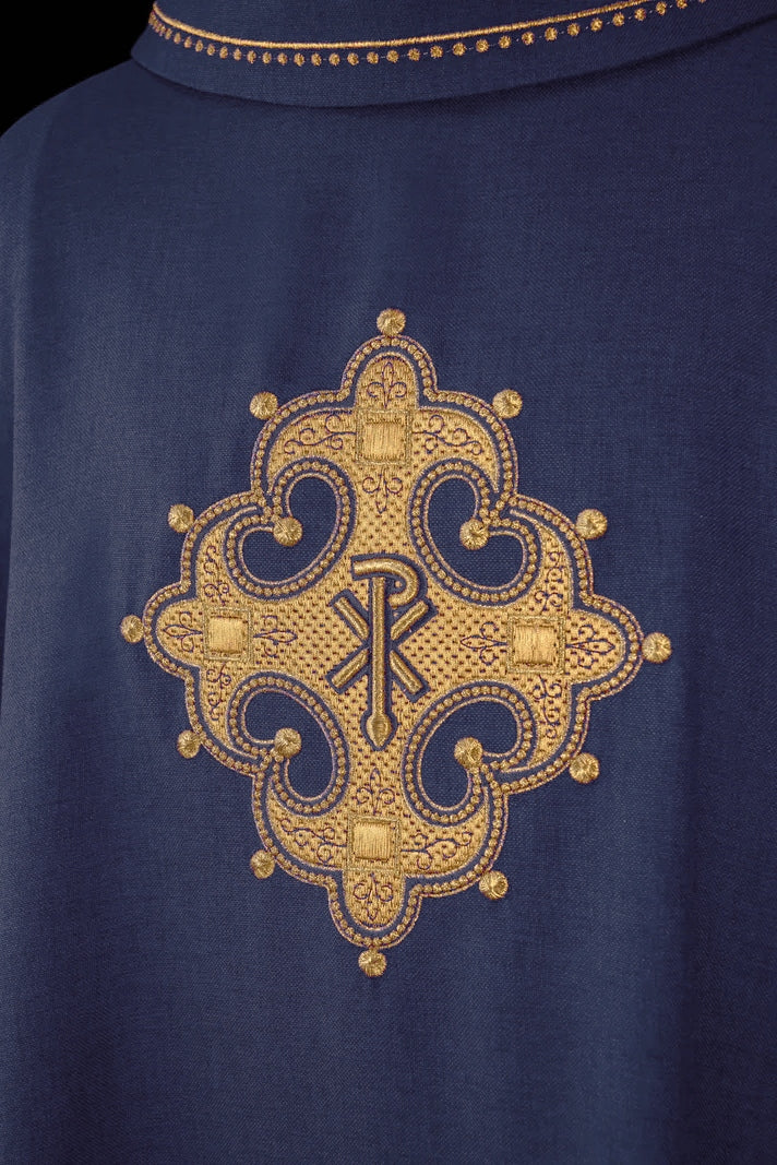 Chasuble with embroidered cross and gold trim on the collar in purple