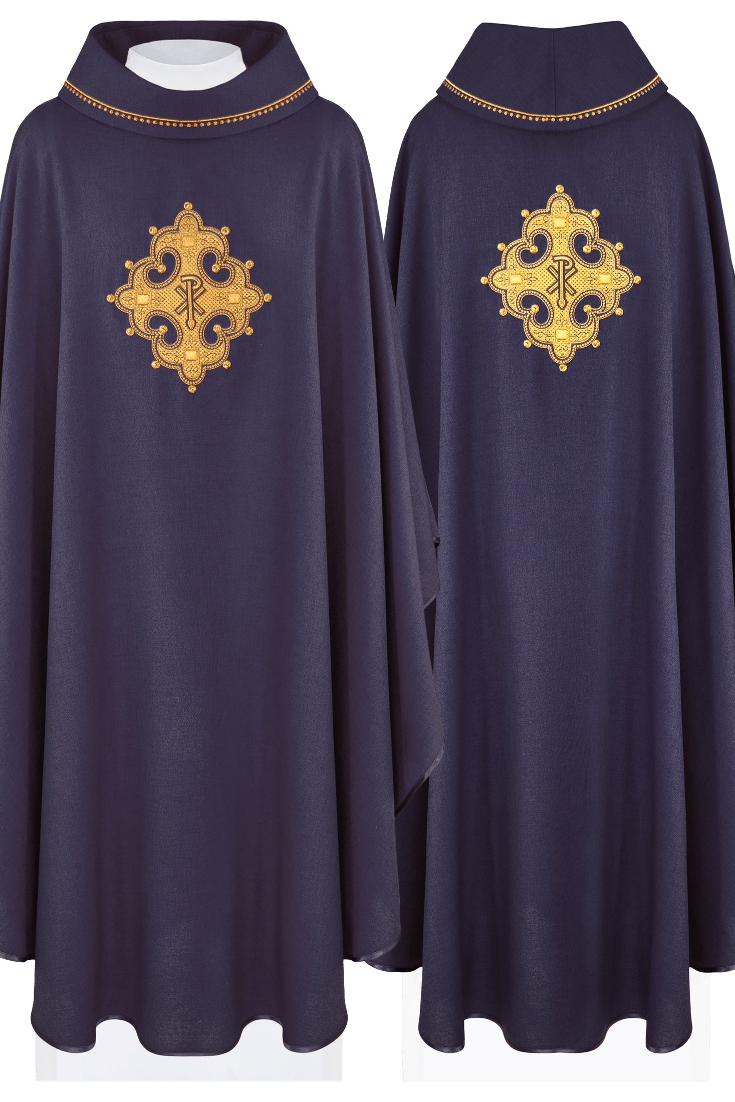 Chasuble with embroidered cross and gold trim on the collar in purple