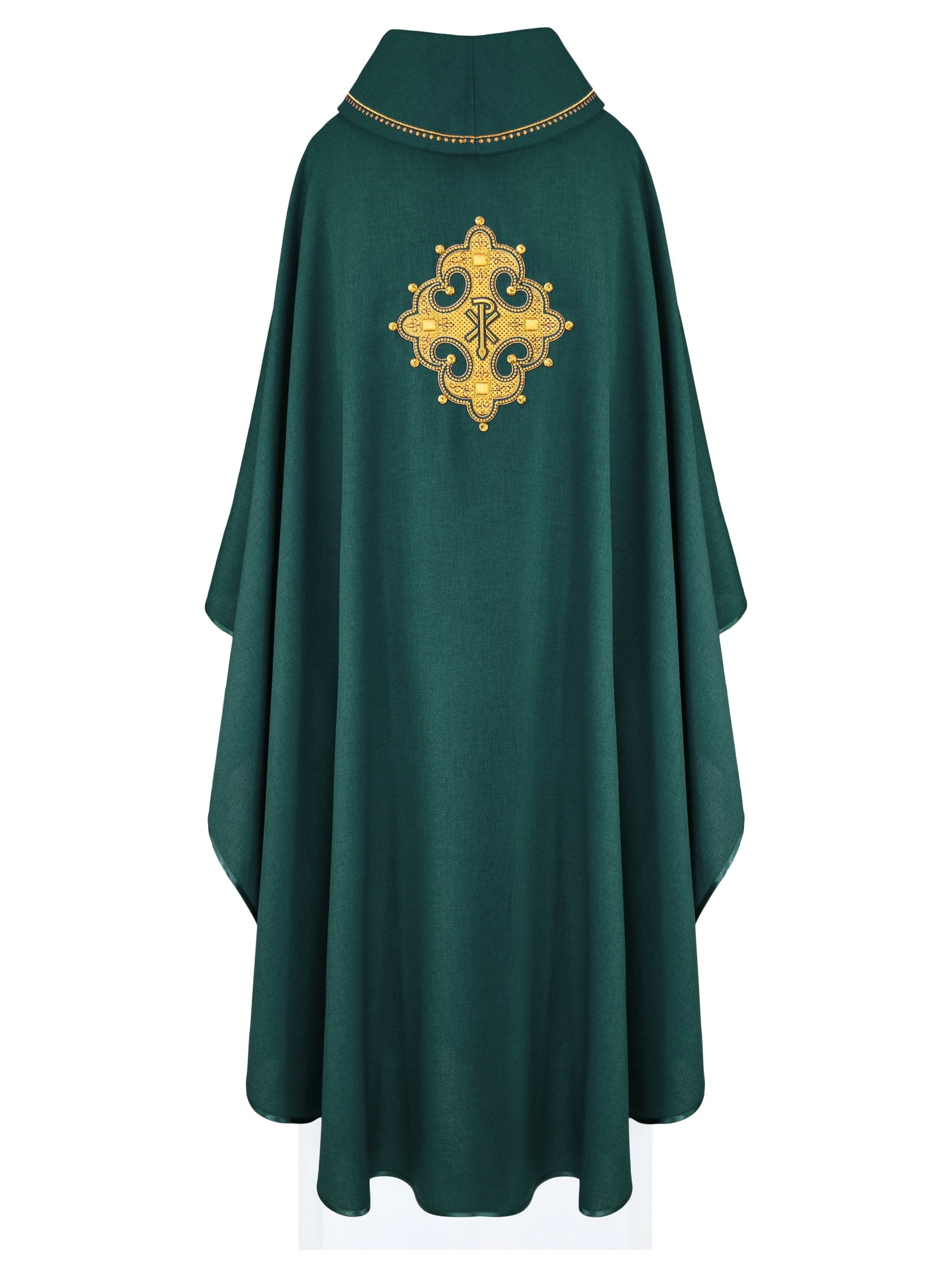 Chasuble with embroidered cross and gold trim on collar in green