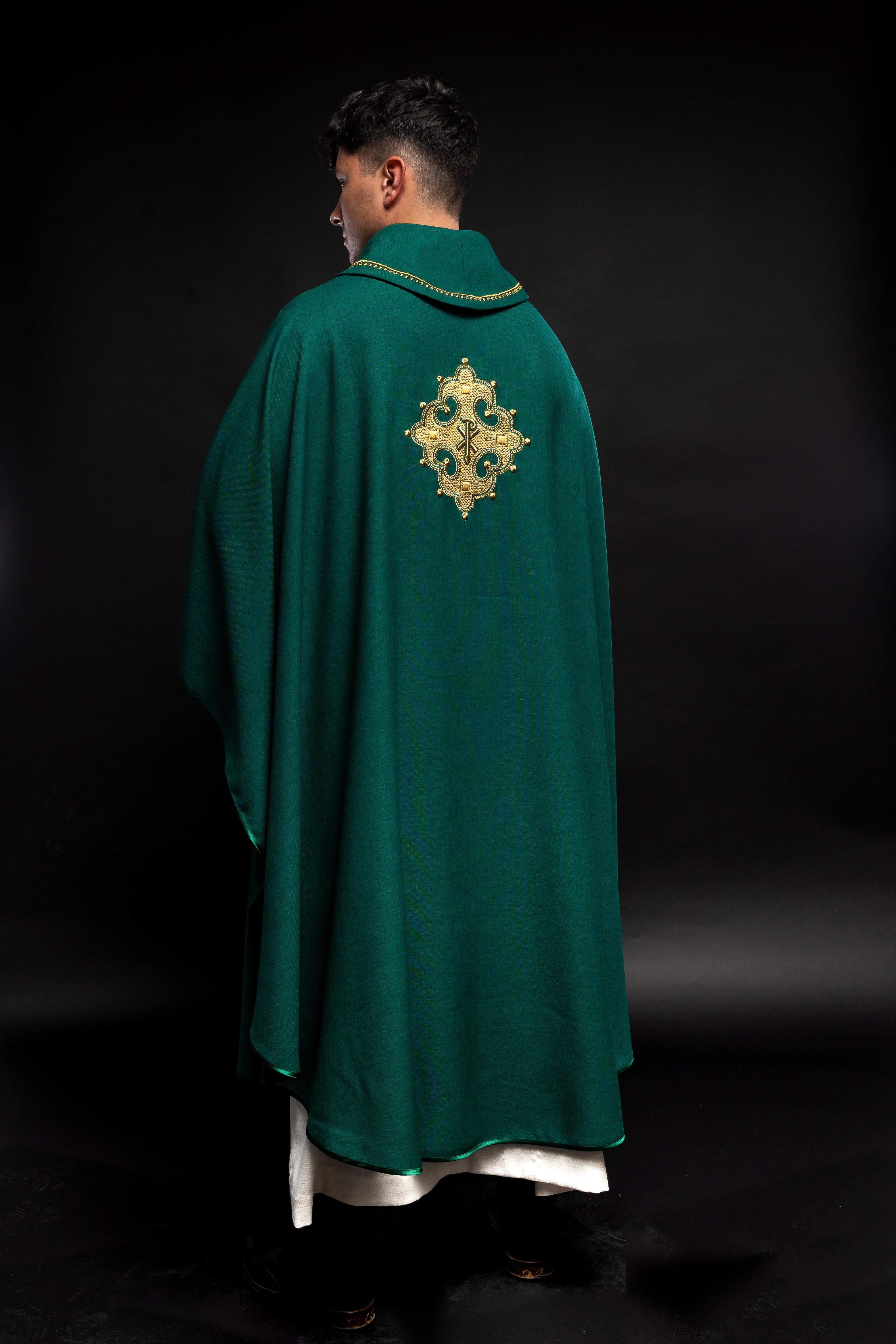 Chasuble with embroidered cross and gold trim on collar in green