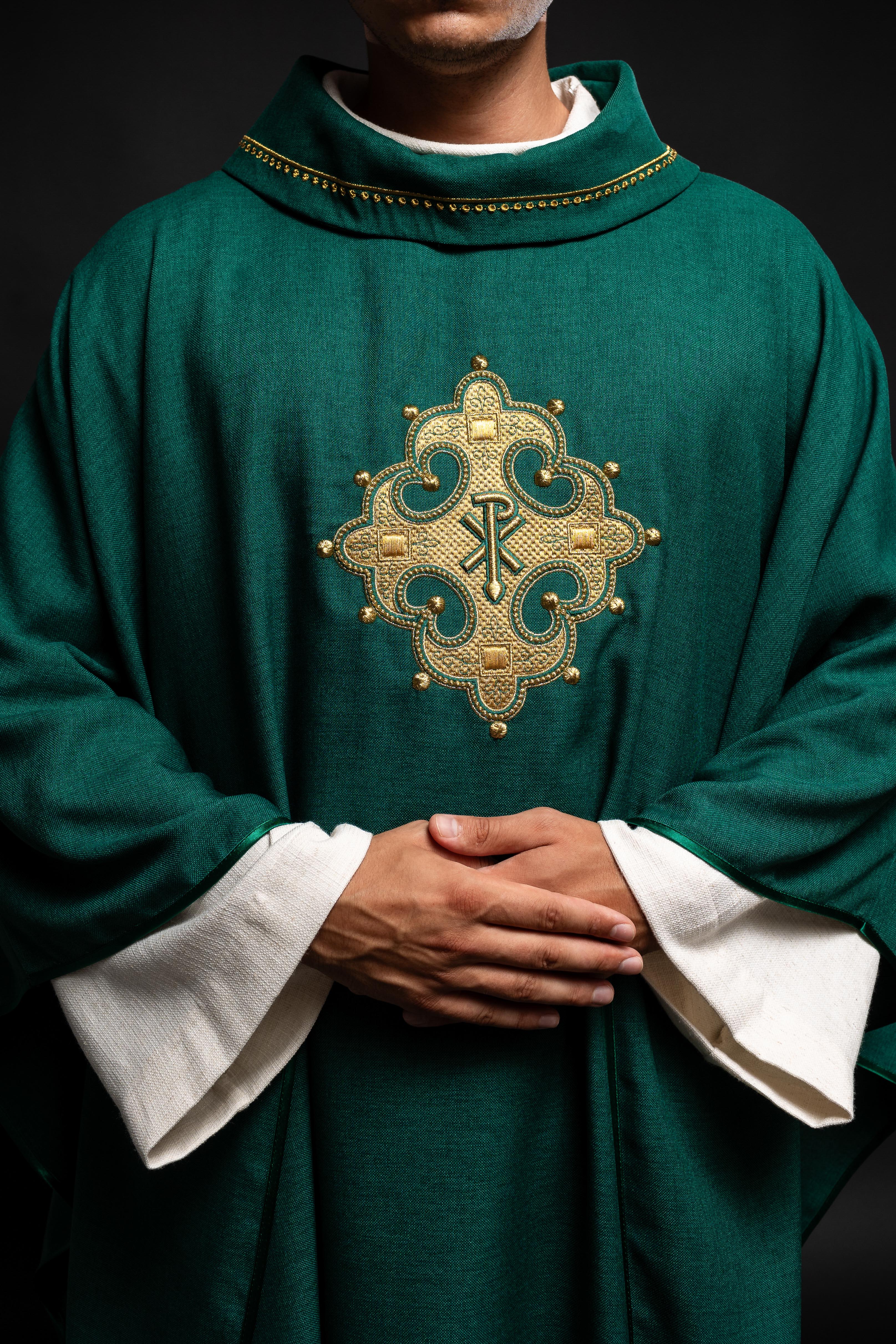 Chasuble with embroidered cross and gold trim on collar in green