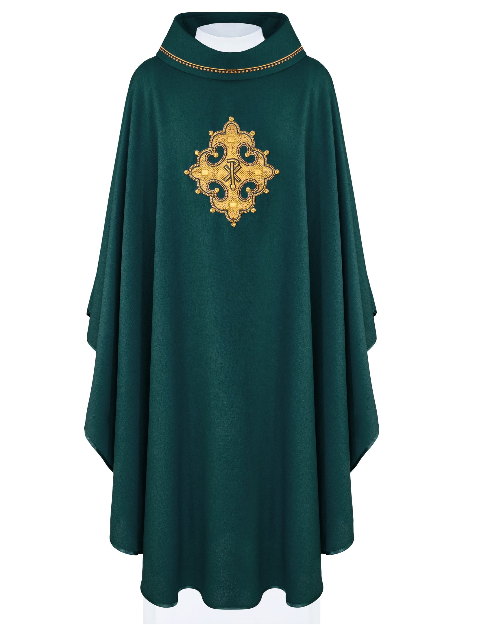 Chasuble with embroidered cross and gold trim on collar in green