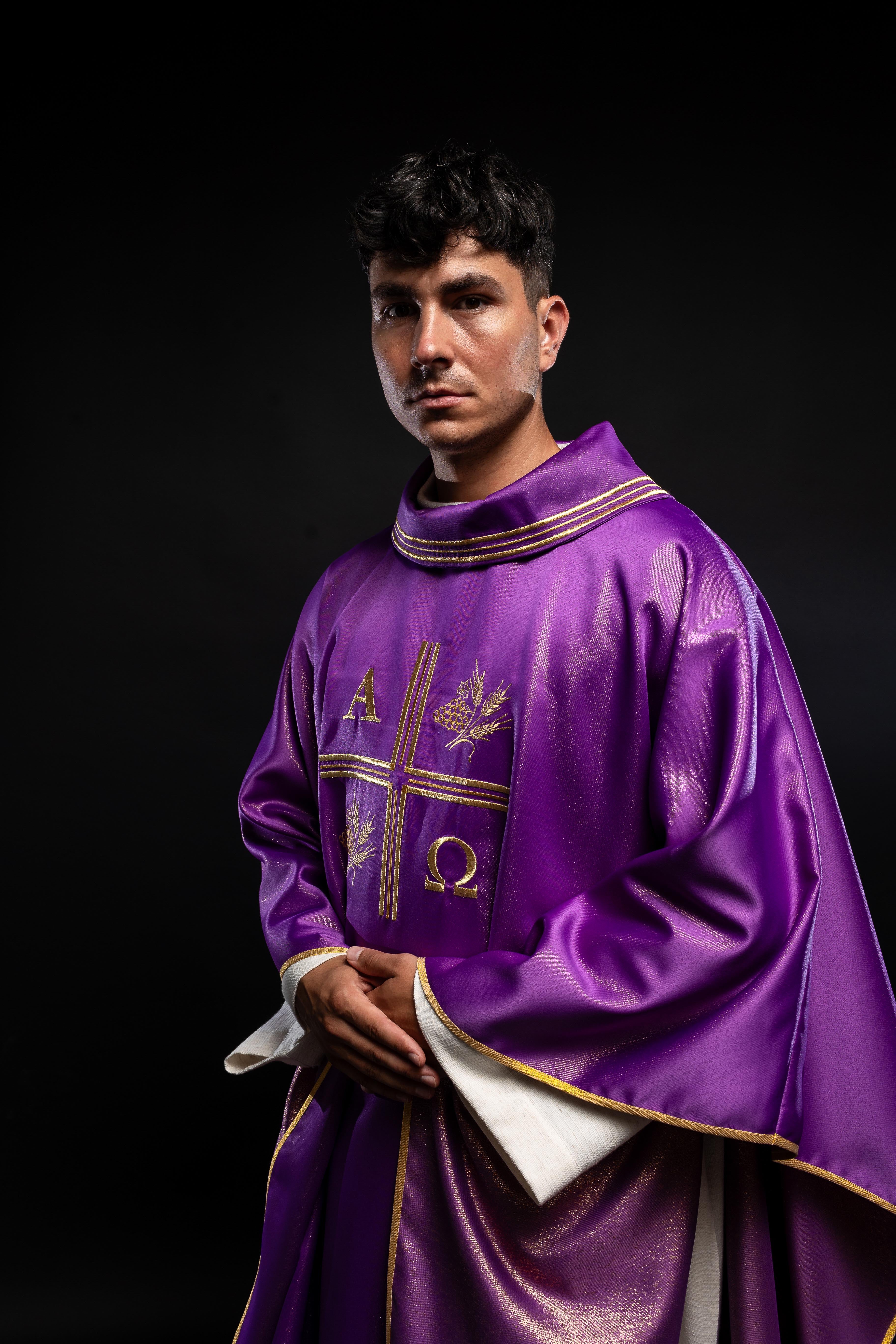 Chasuble with an embroidered cross, Alpha and Omega motifs and ears in purple