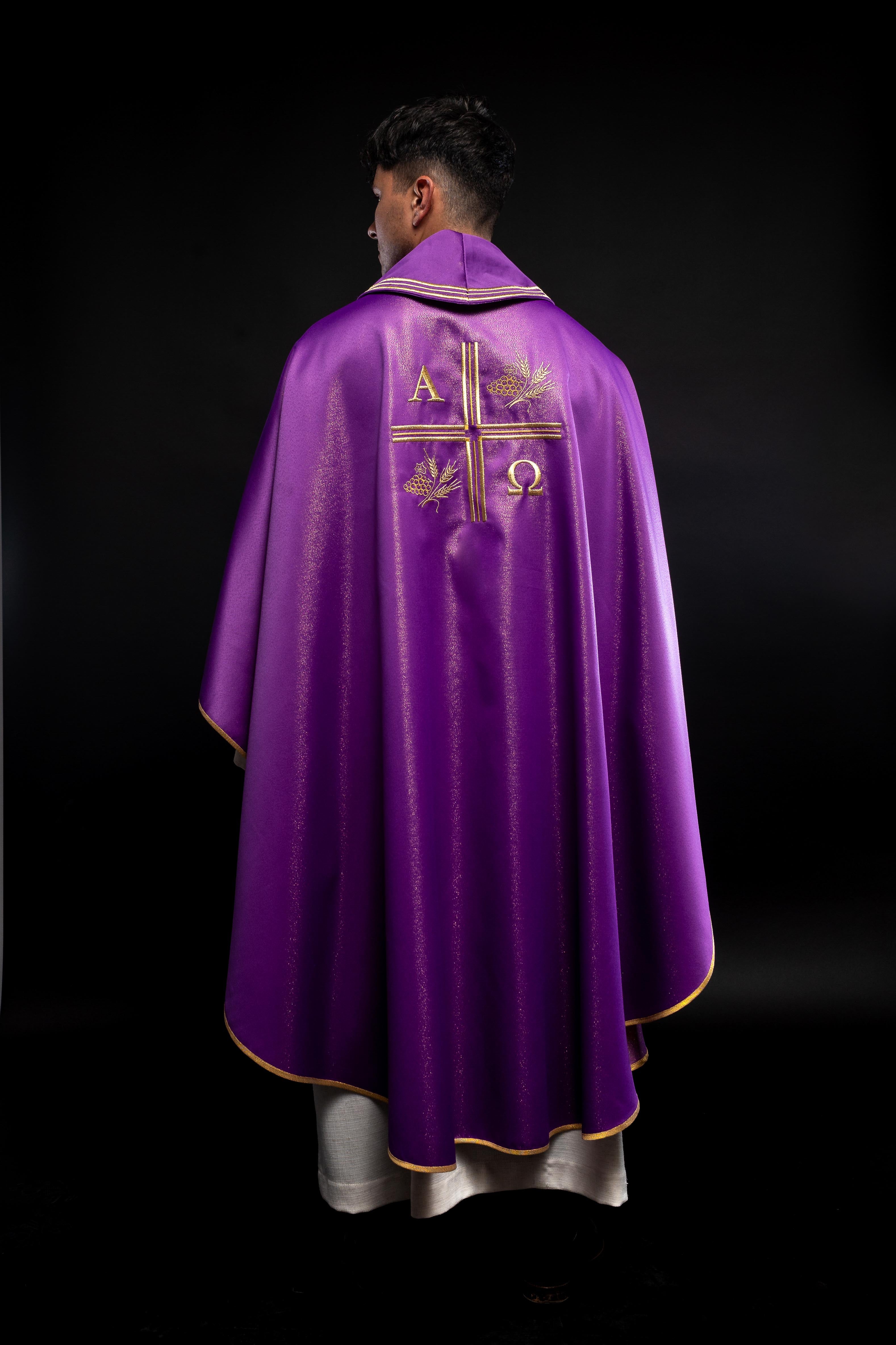 Chasuble with an embroidered cross, Alpha and Omega motifs and ears in purple