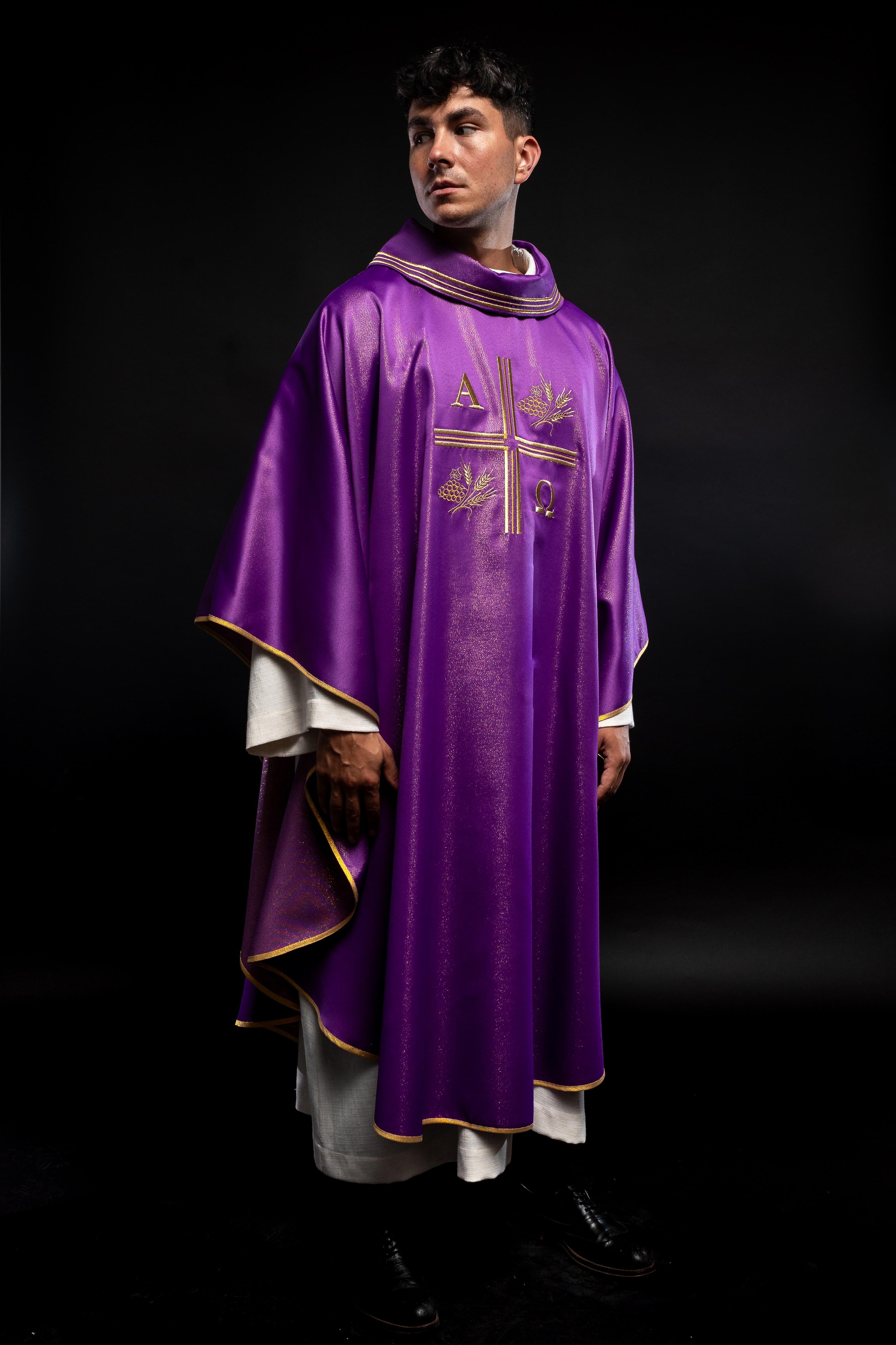 Chasuble with an embroidered cross, Alpha and Omega motifs and ears in purple