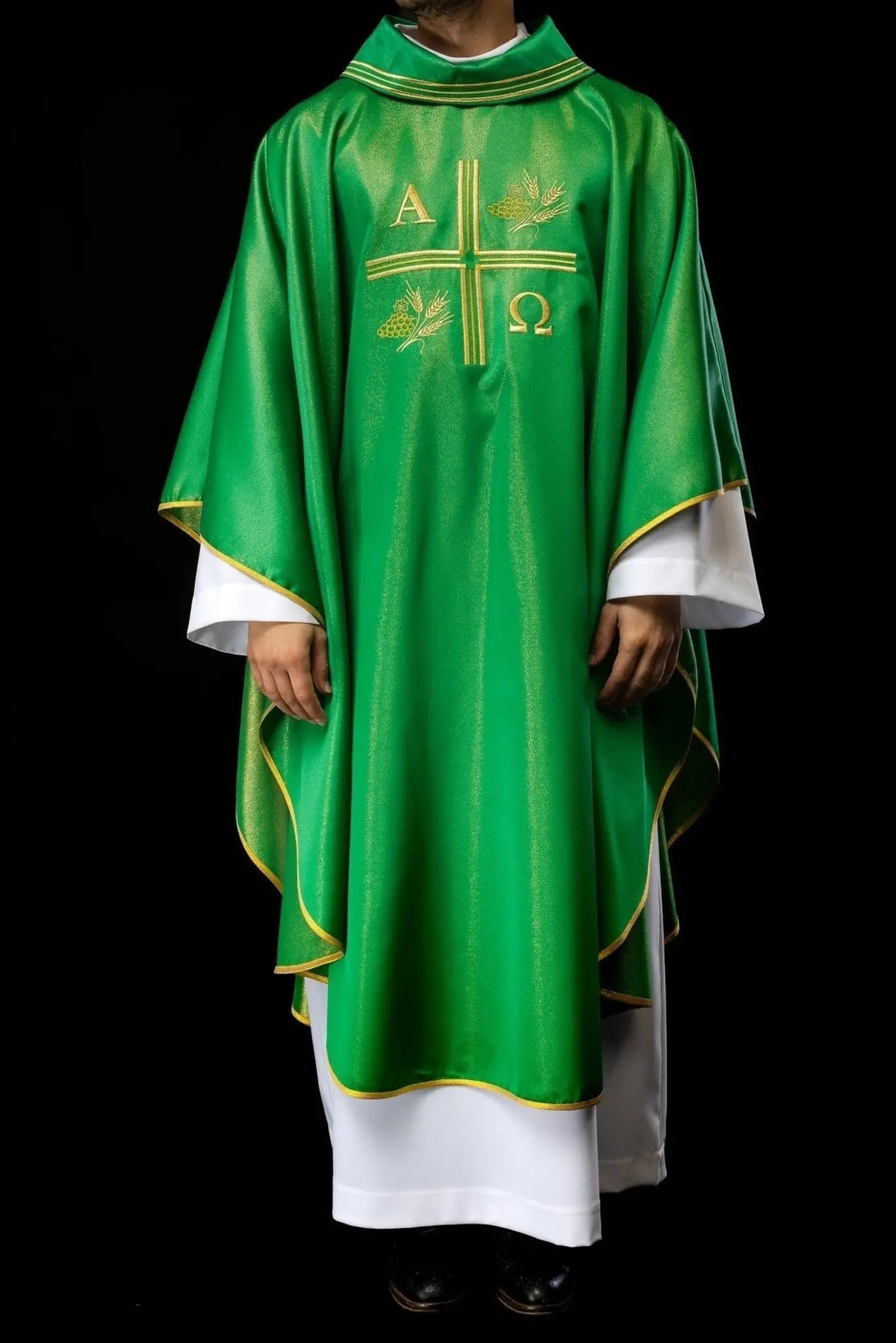 Chasuble with embroidered cross, Alpha and Omega motifs and ears in green