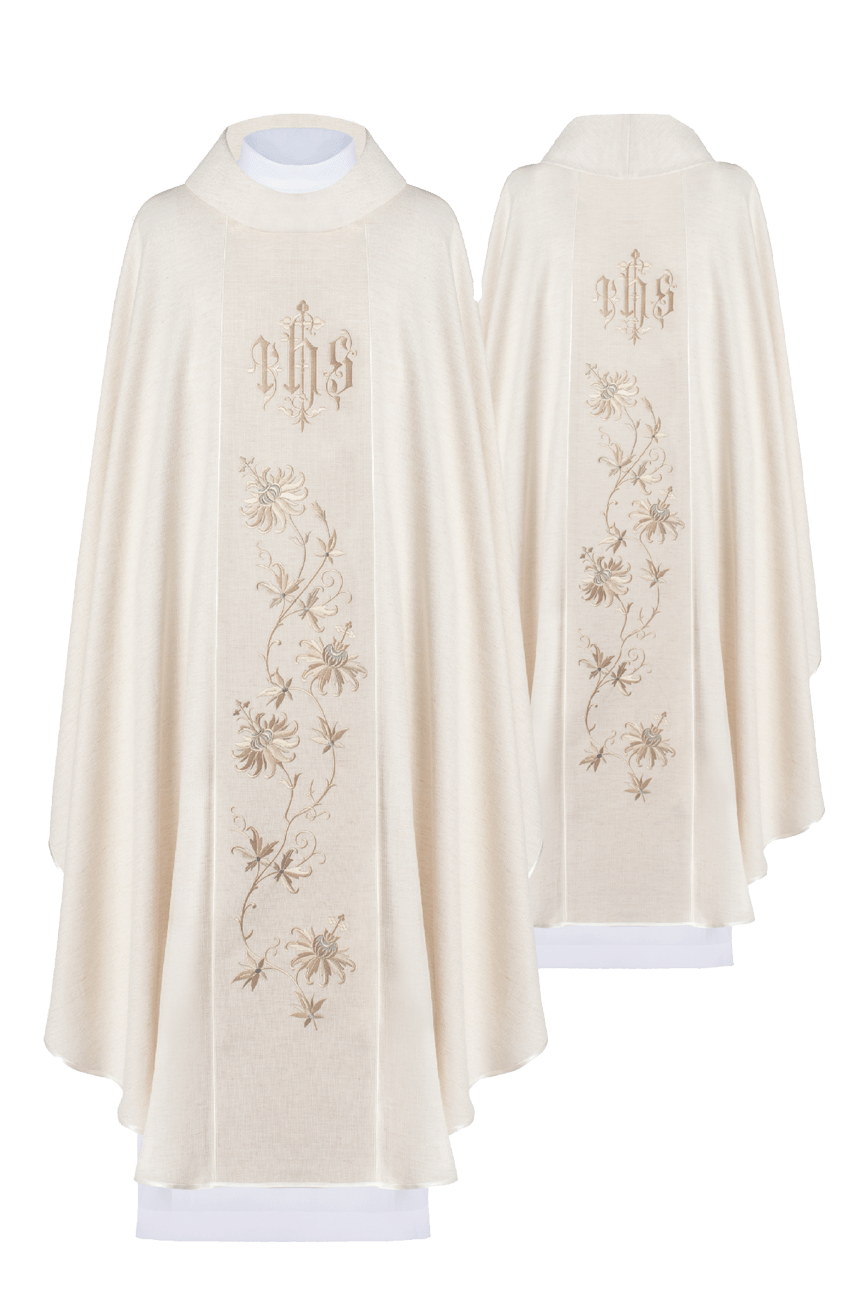 Chasuble with embroidered IHS pattern ecru