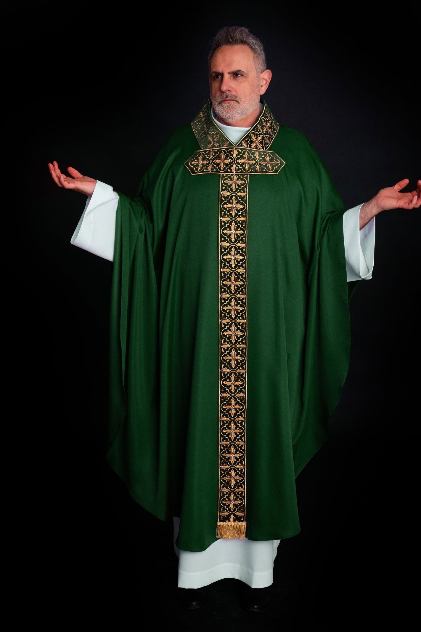 Green chasuble with hanging embroidered belt and 500 stones