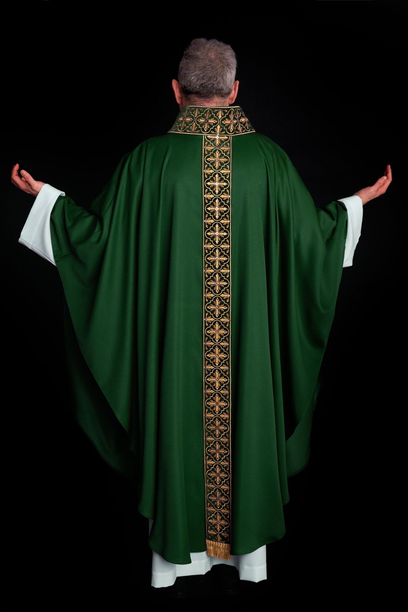 Green chasuble with hanging embroidered belt and 500 stones