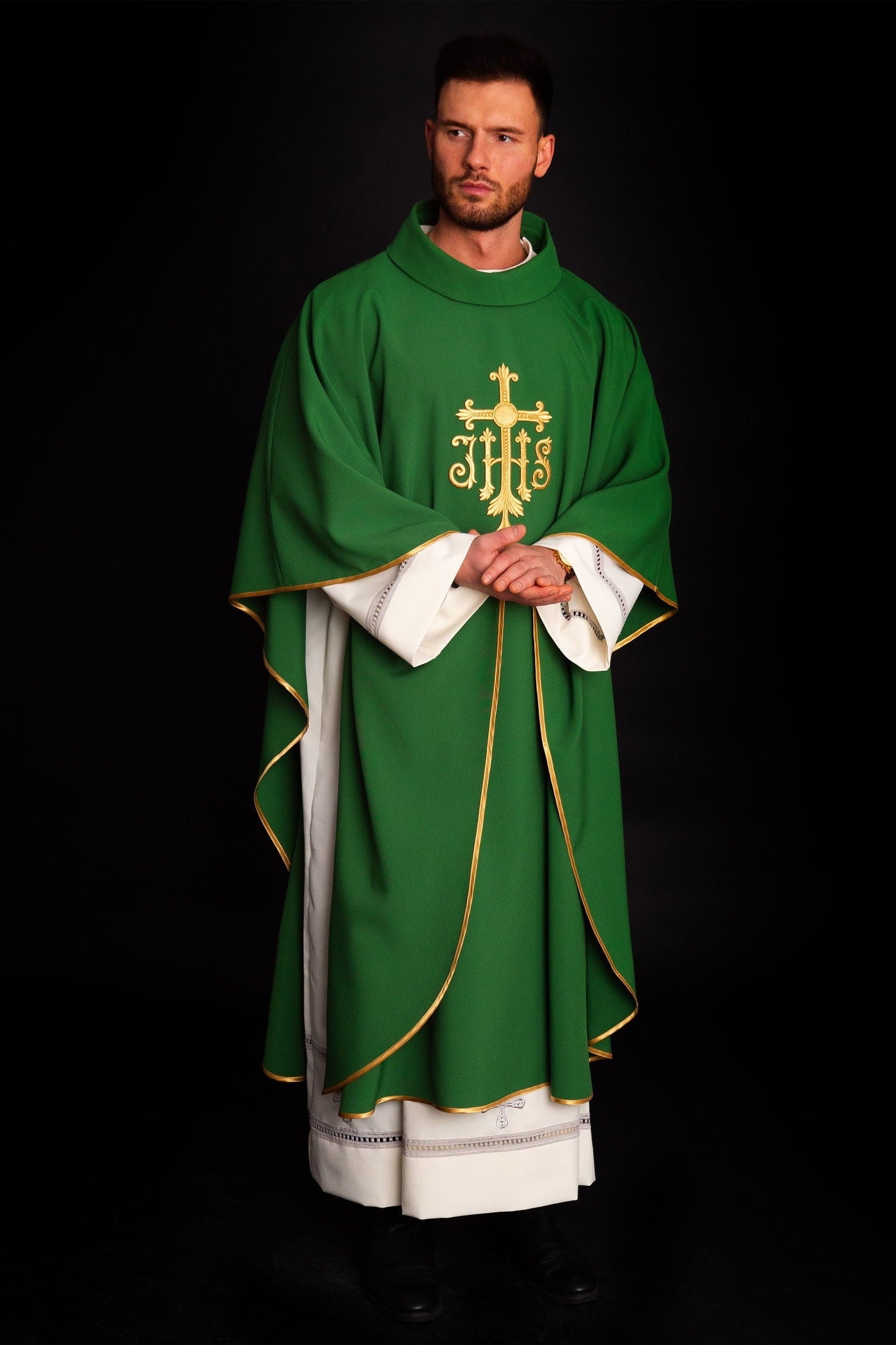 JHS green chasuble with raised embroidery