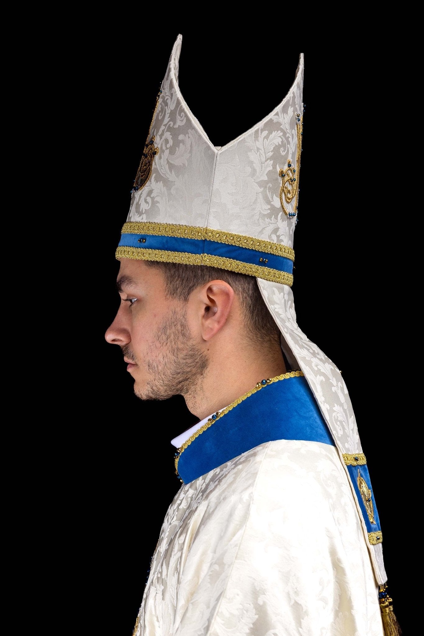 Ecru Handmade Marian Mitre with Natural Stones