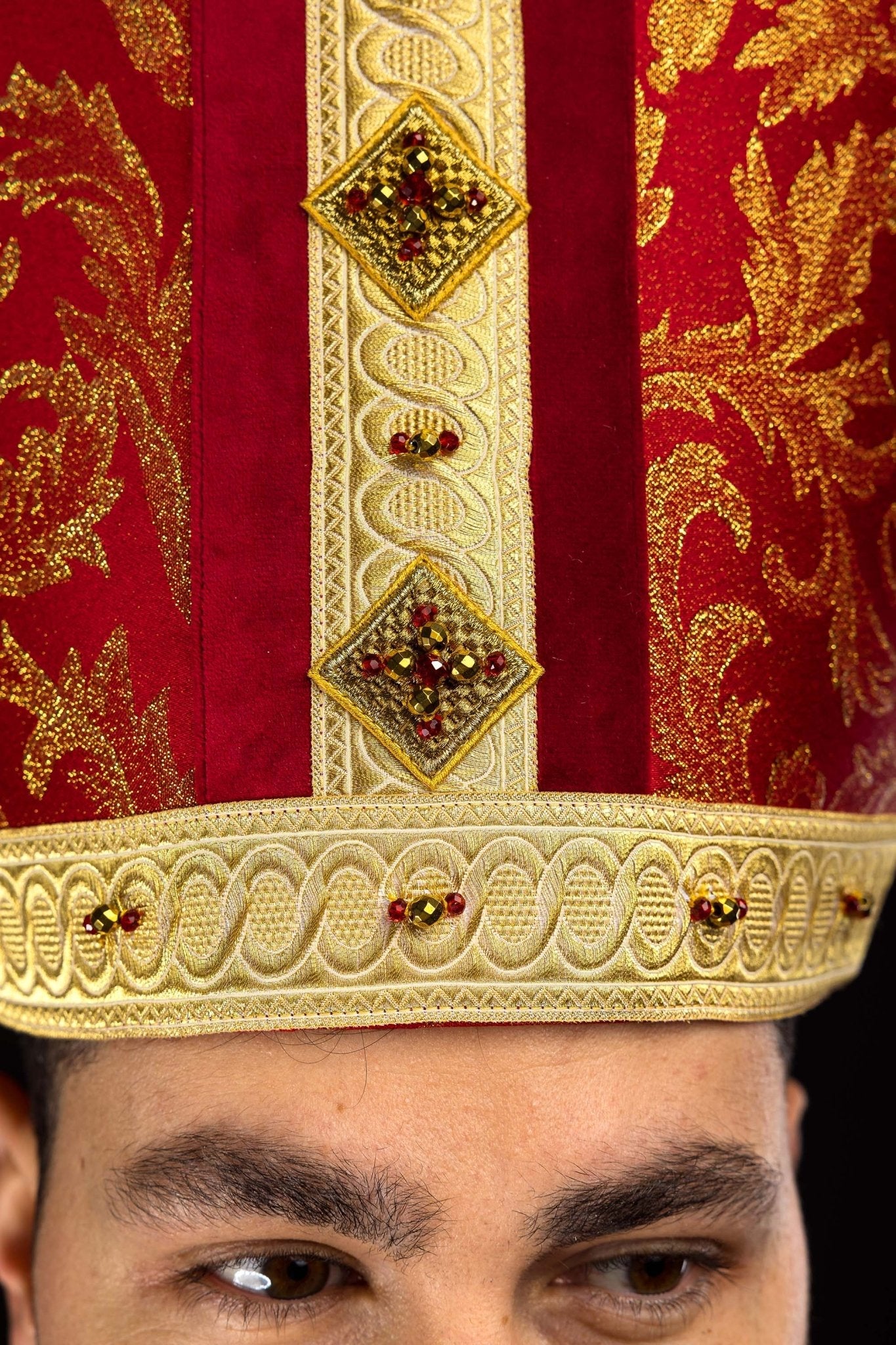 Red Handmade Bishop's Mitre with Natural Stones and Gold Embroidery