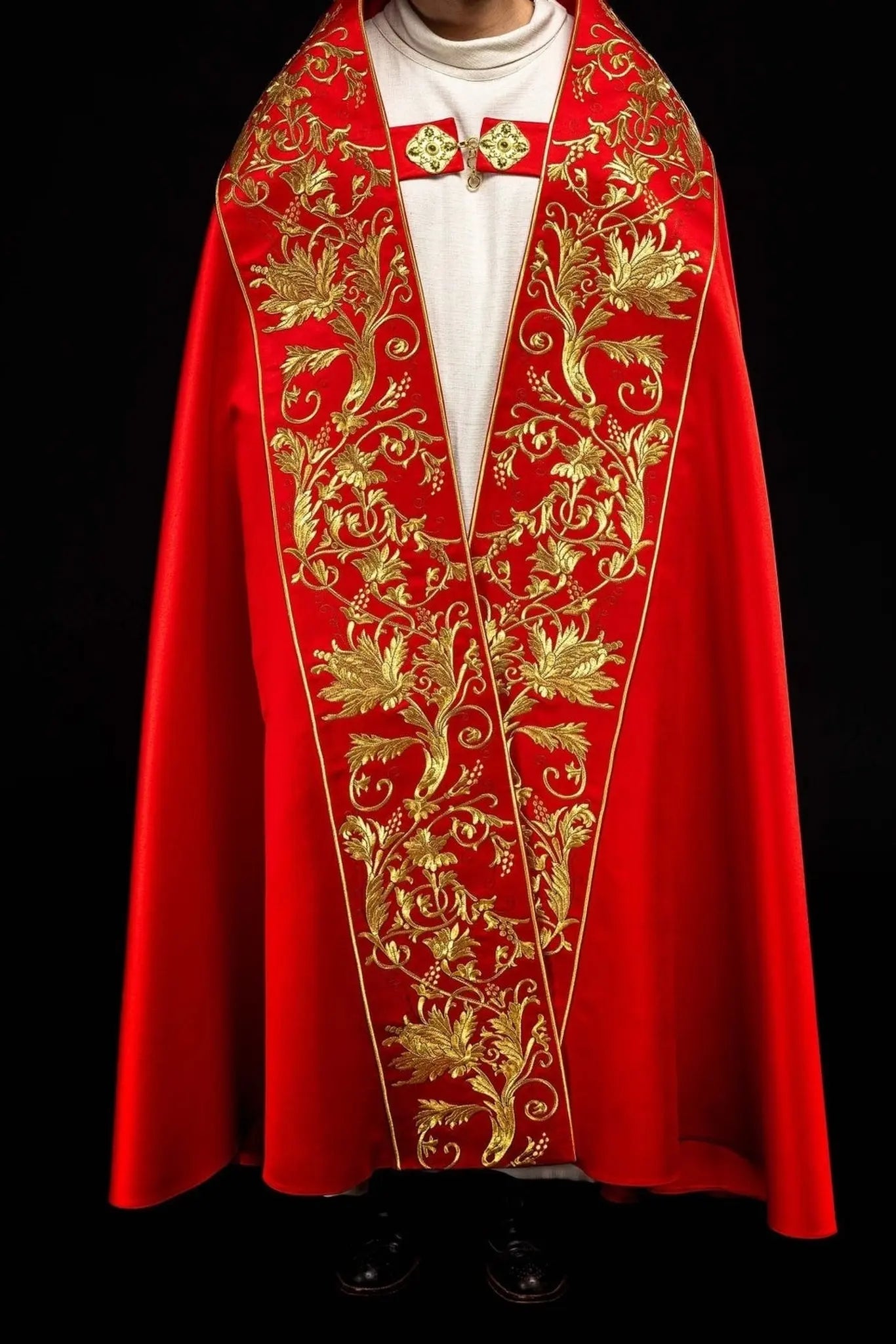 Roman Satin Cope – Red with Embroidered Sacred Heart of Jesus