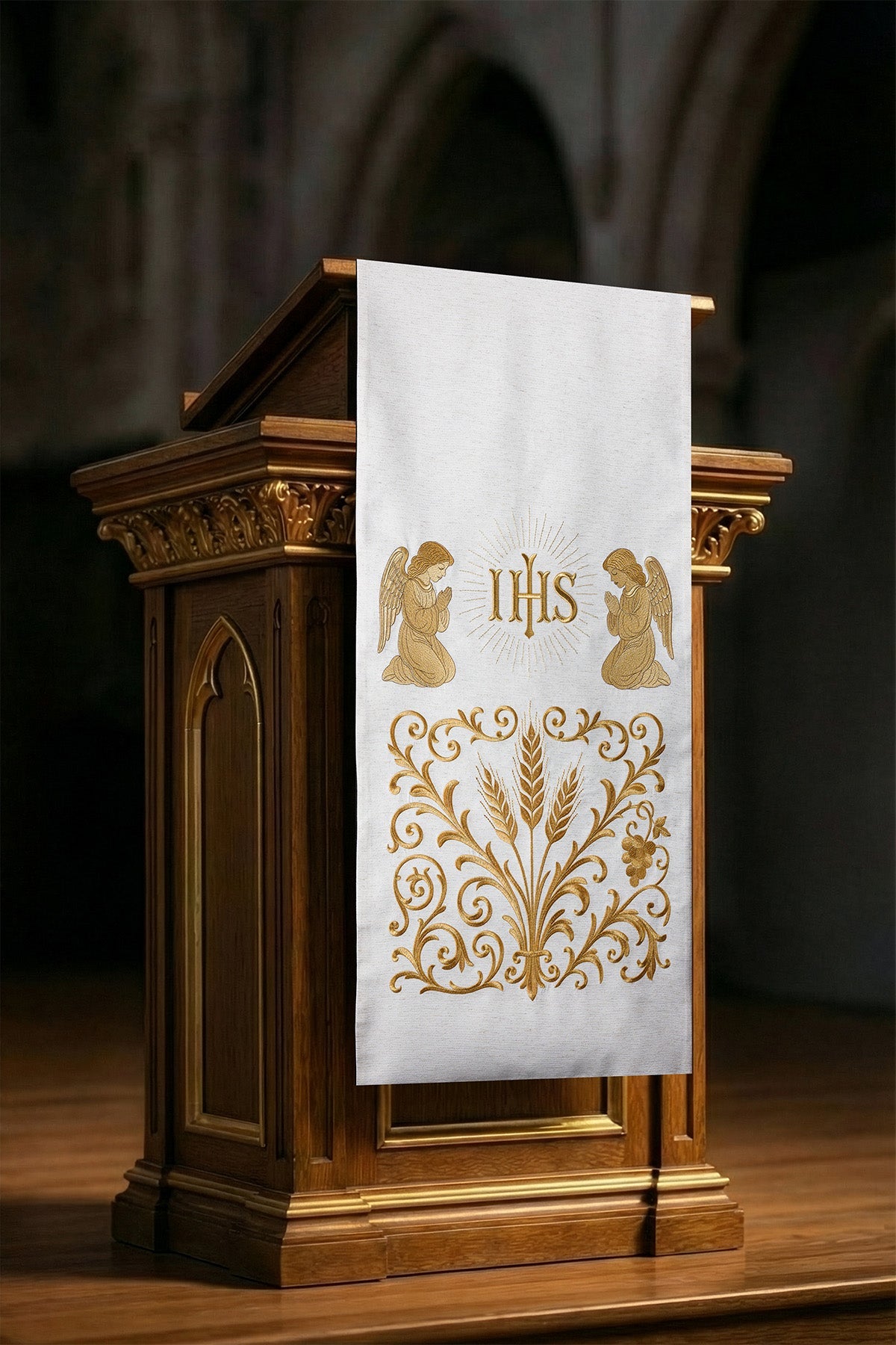 White Lectern Cover with IHS and Adoring Angels