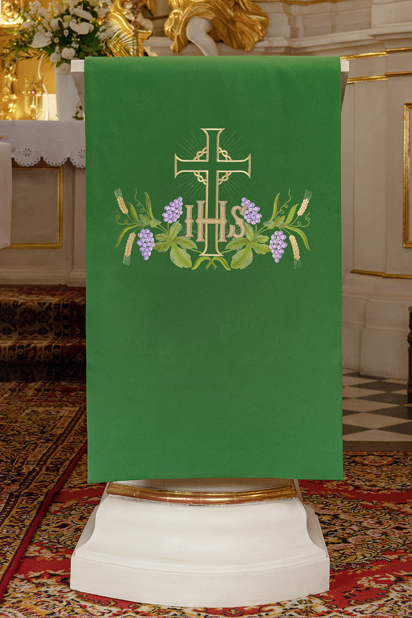 Embroidered lectern napkin with IHS motif and cross