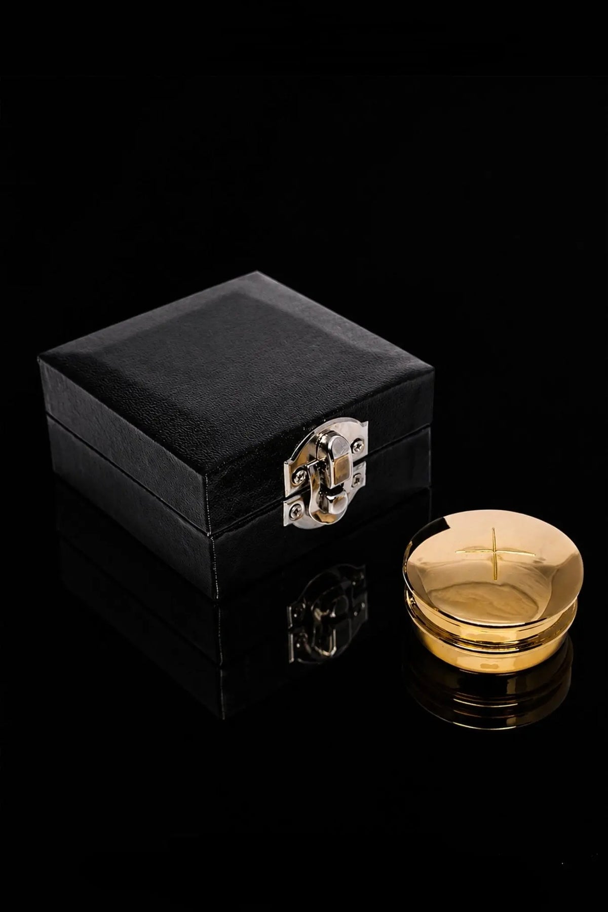 Gold Pyx with a Cross on the Lid, 1.5 in (4 cm), open top view with black case