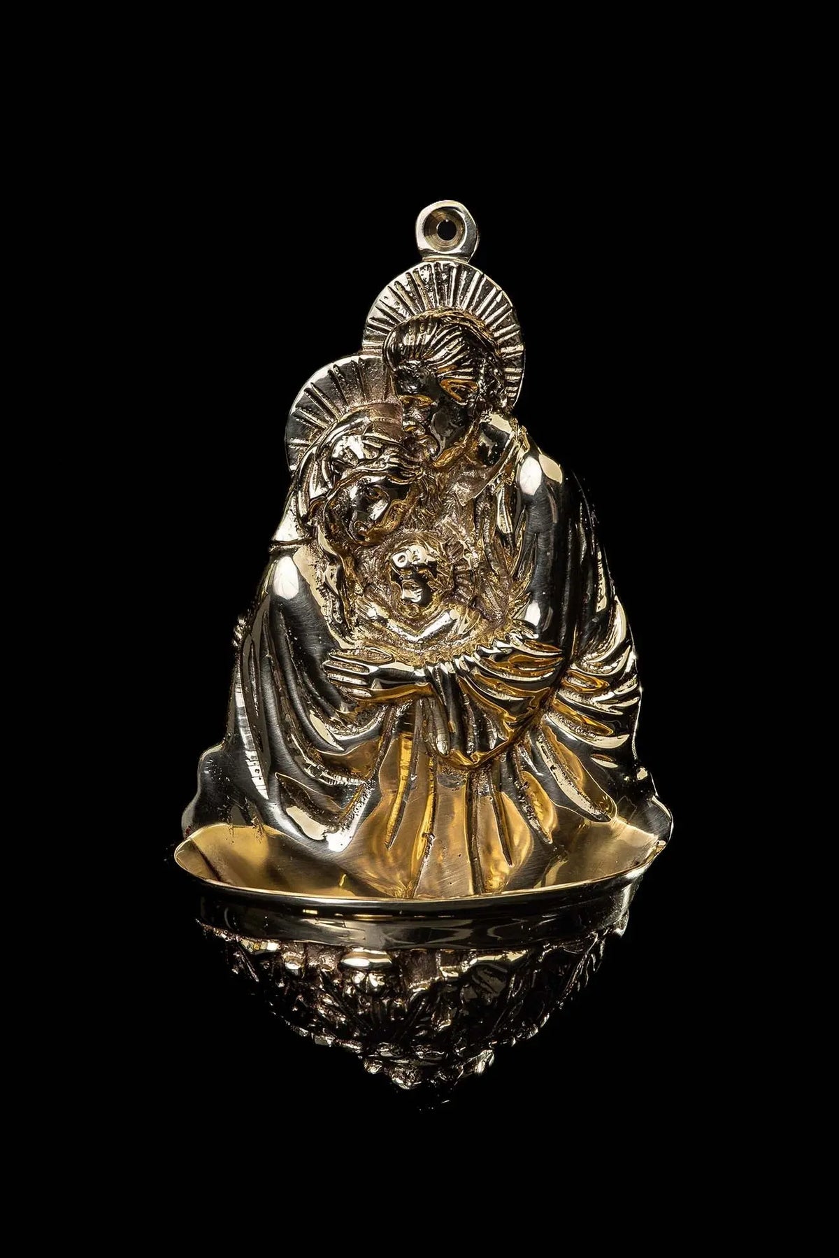 Holy Water Font with the Holy Family, gold and silver front view