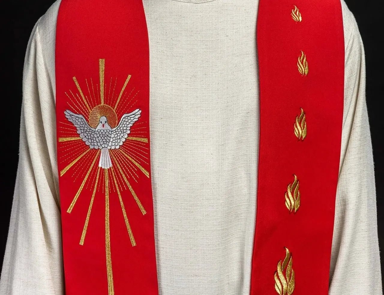 Embroidered stole Holy Spirit and Tongues of Fire Red