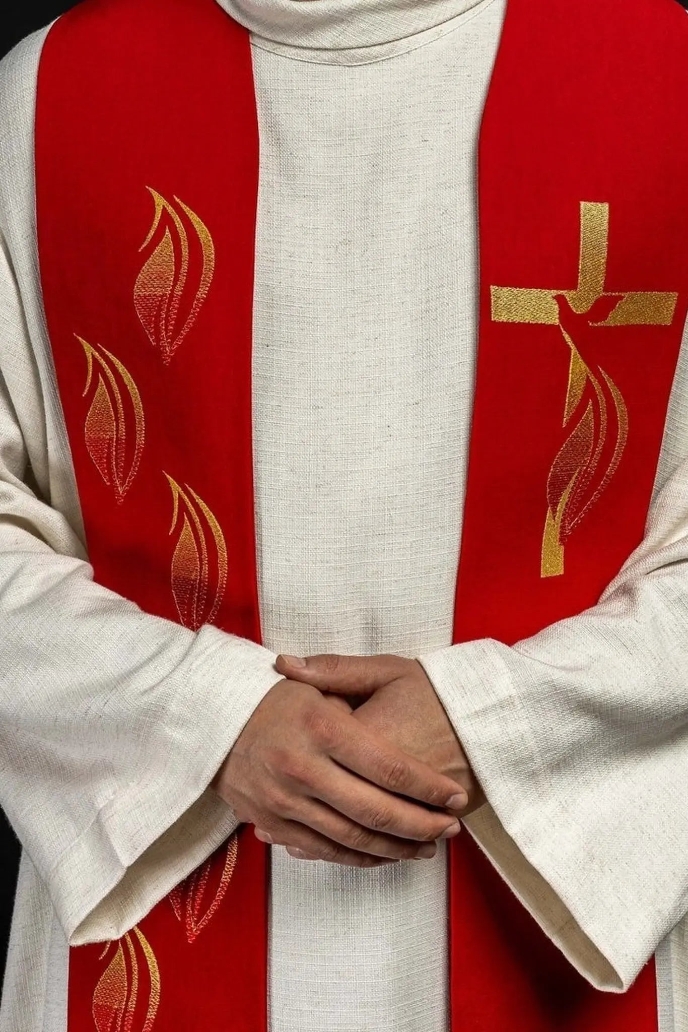 Embroidered stole Holy Spirit, cross and tongues of fire Red