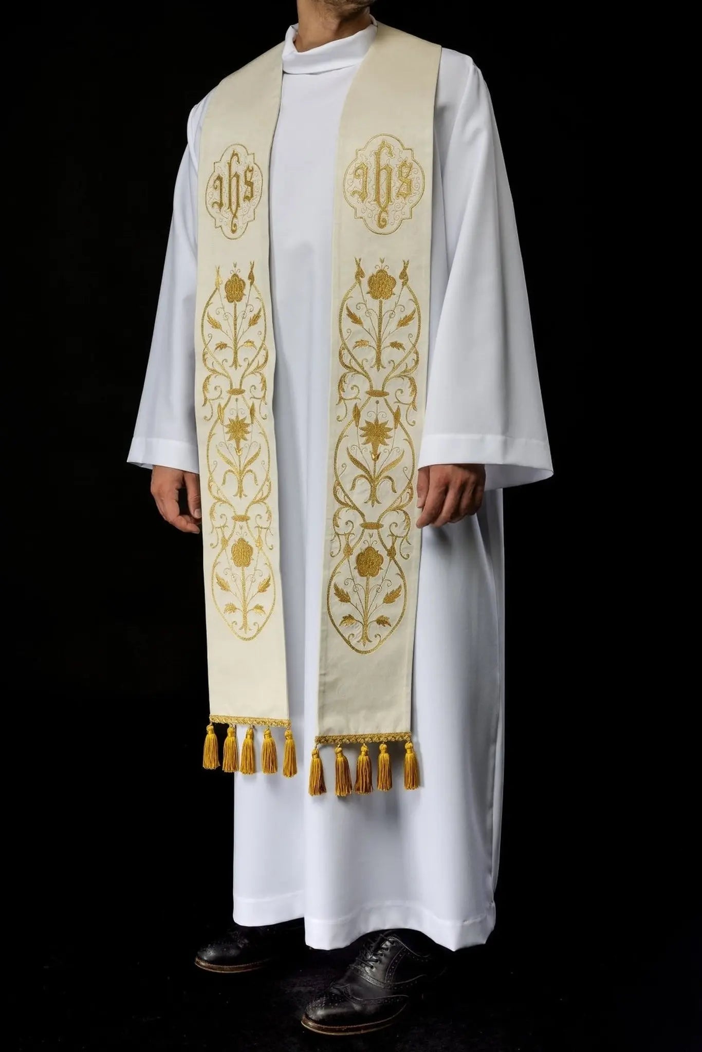 Embroidered ecru IHS stole