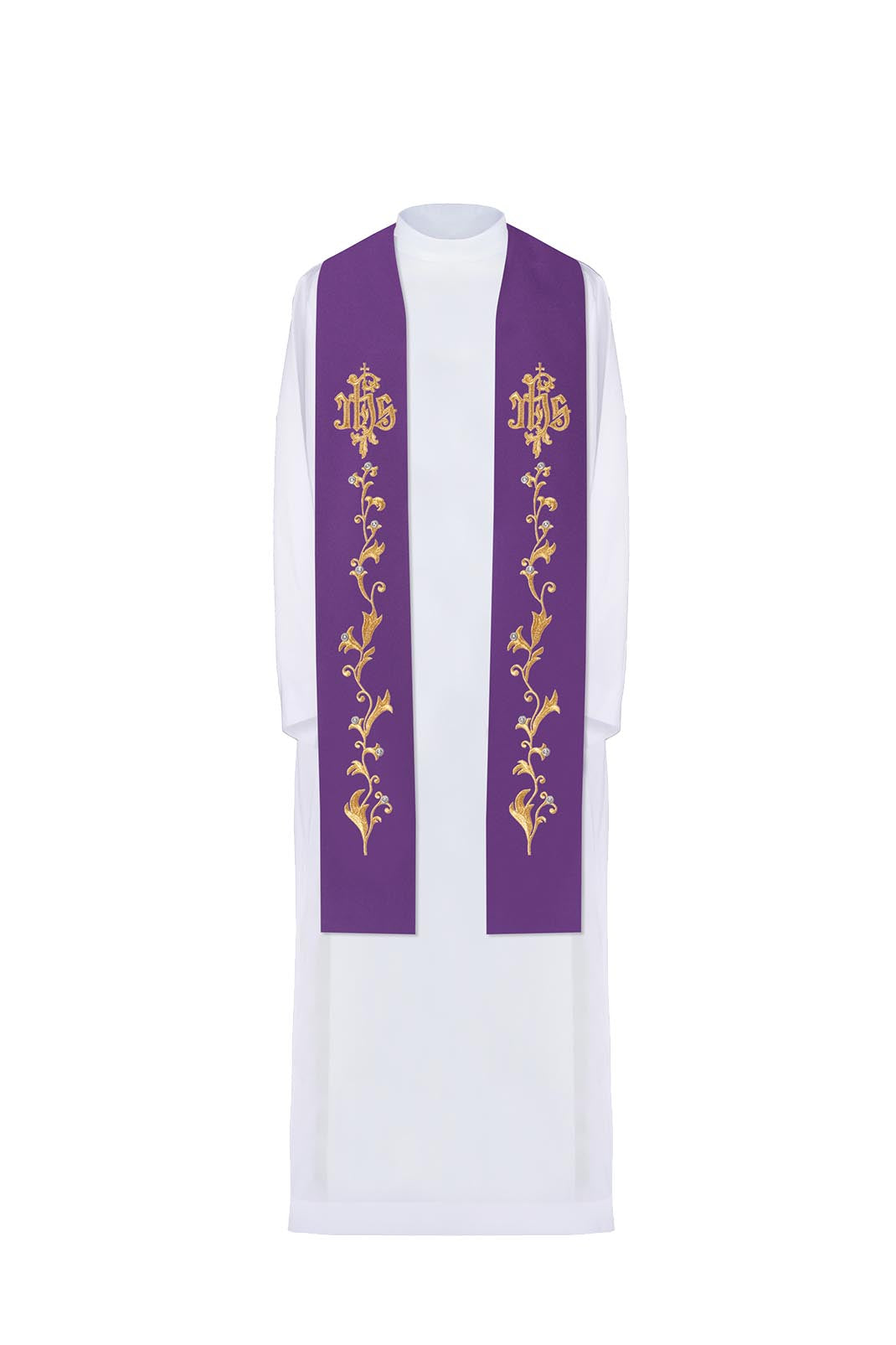 Embroidered violet stole IHS on the cross