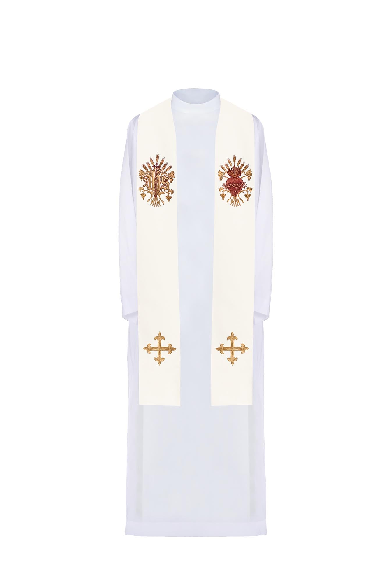 Embroidered stole of the cross, IHS and heart of Jesus Christ ecru