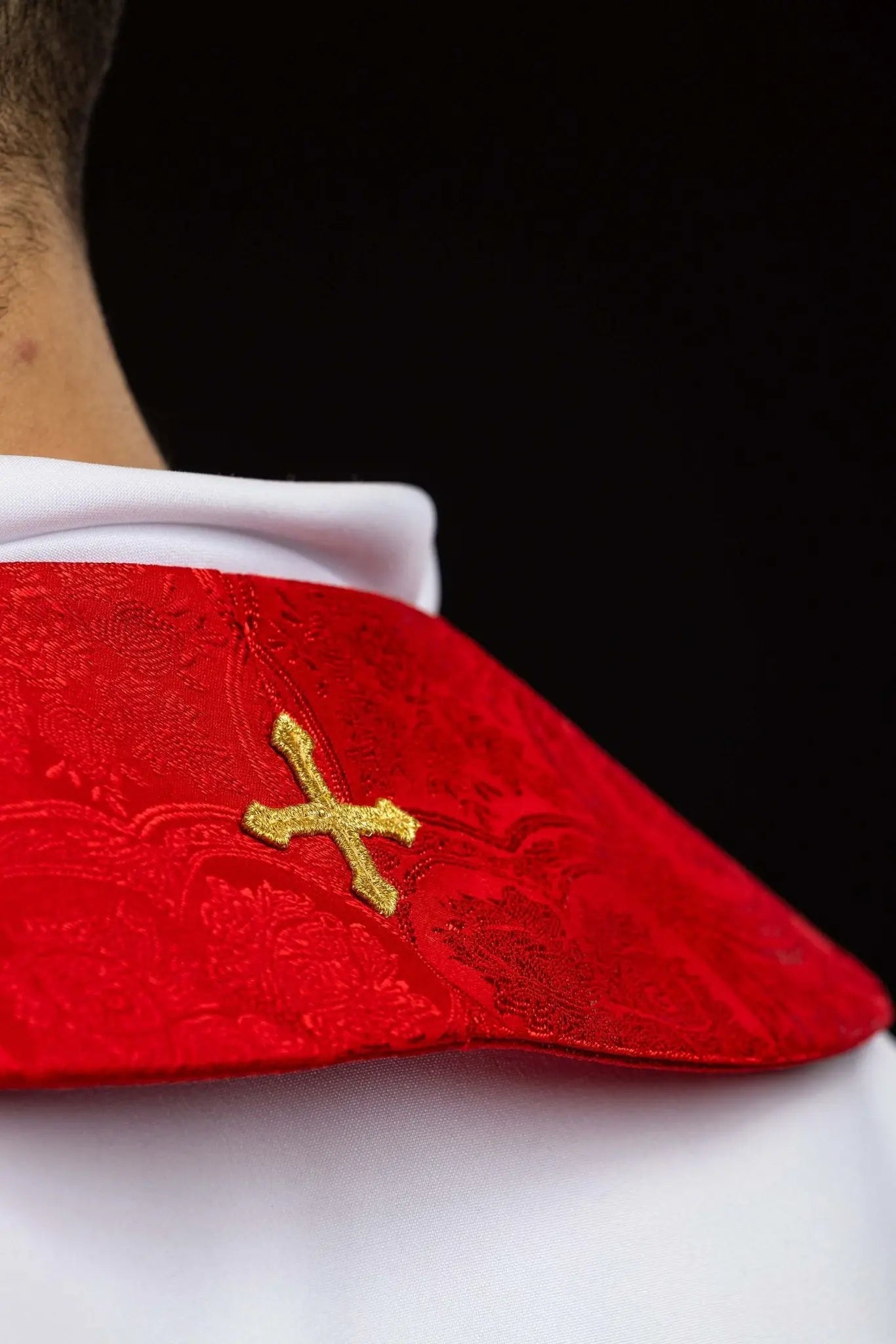 Red embroidered stole with cross motif, jacquard fabric