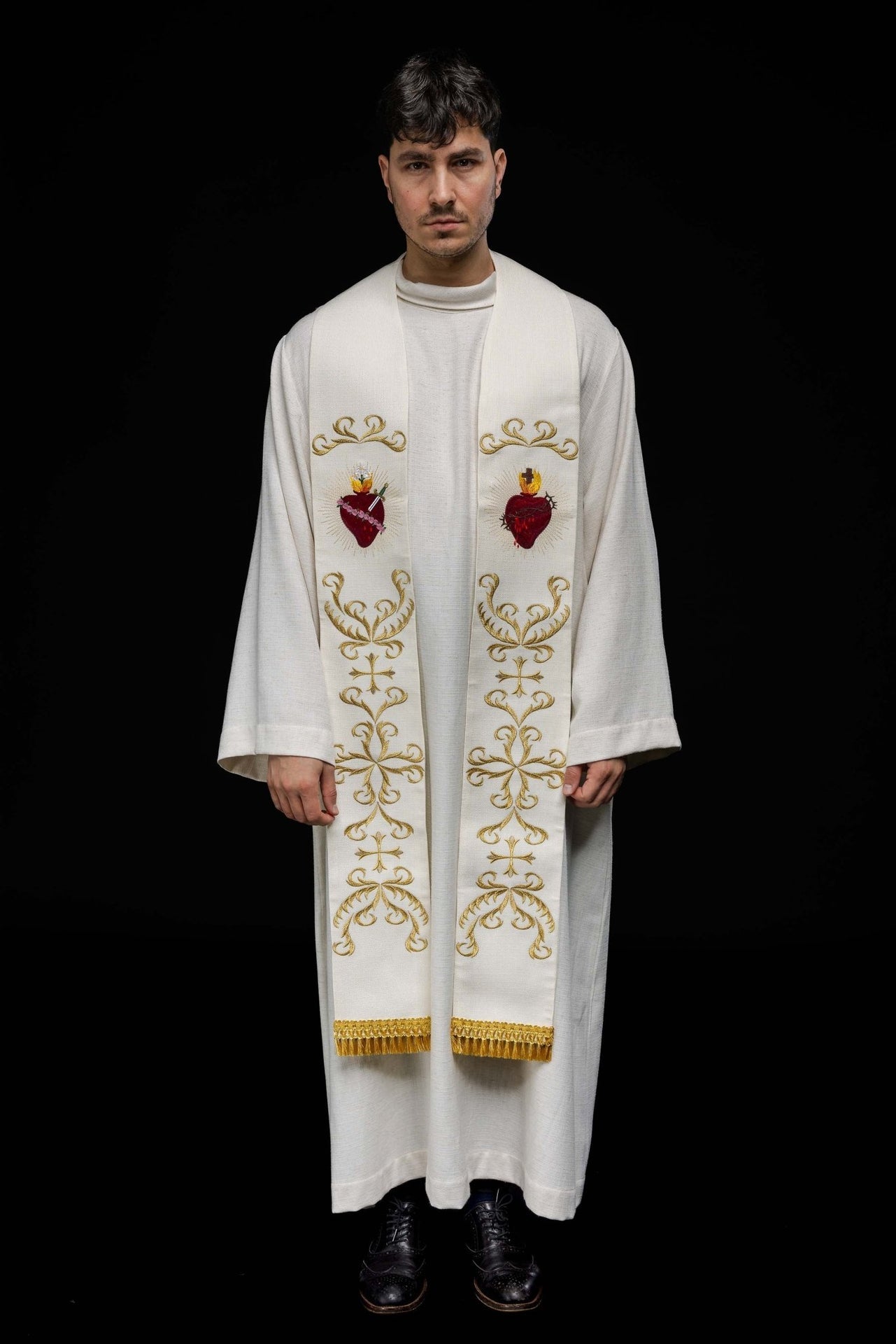 Stuła haftowana z sercem Jezusa i Maryi Ecru