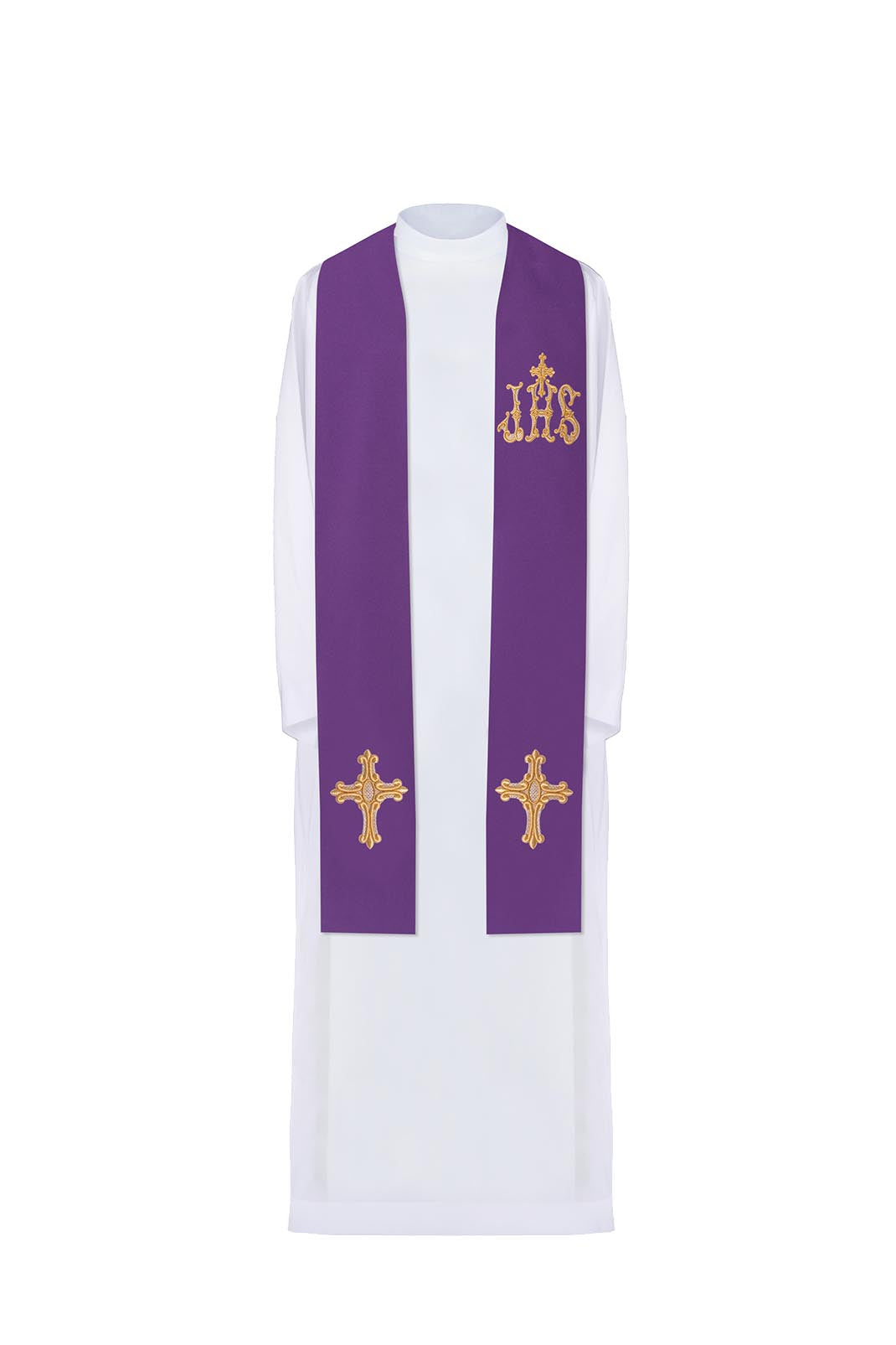 Purple priest's stole embroidered with cross and IHS