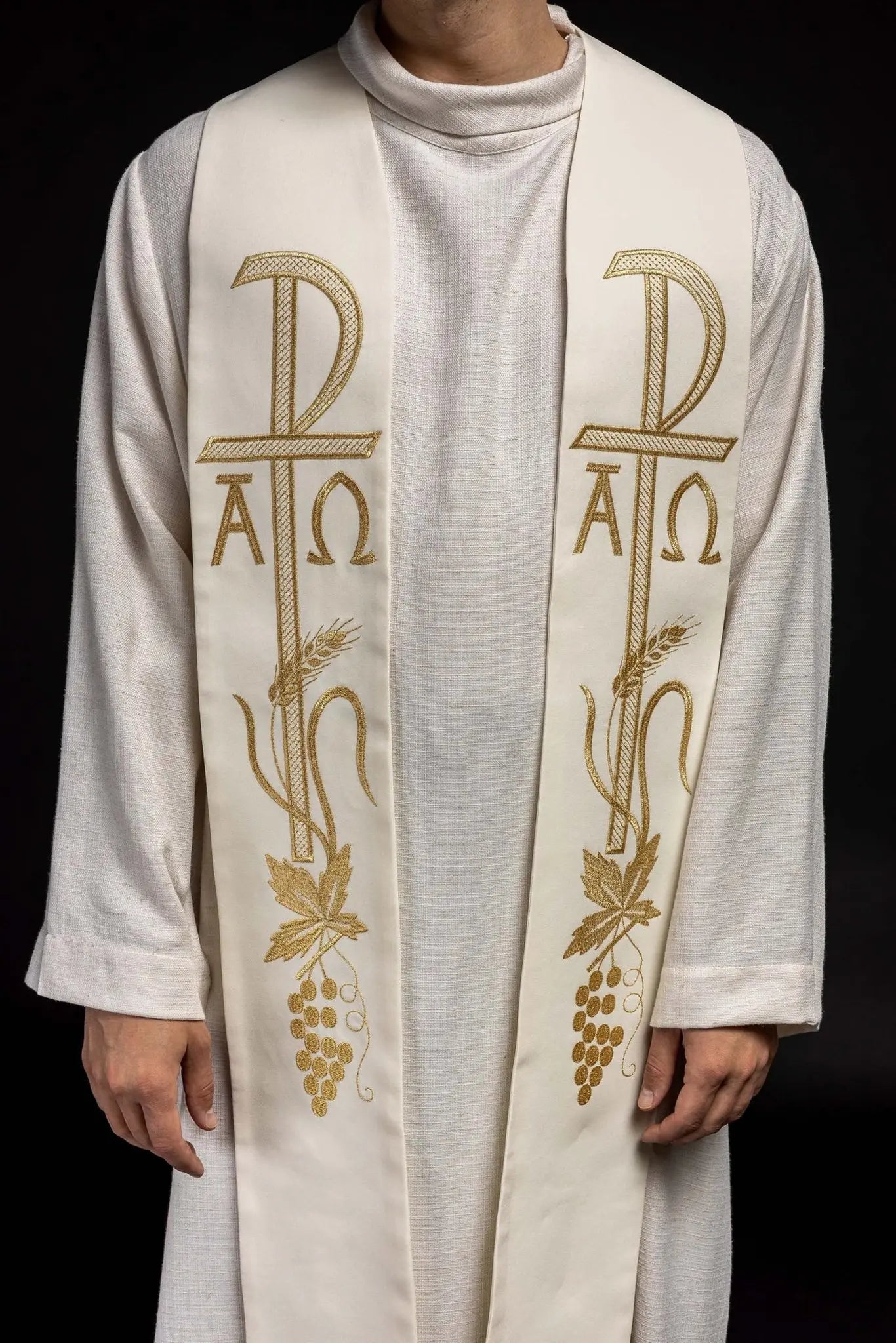 Alpha and Omega ecru embroidered priest's stole