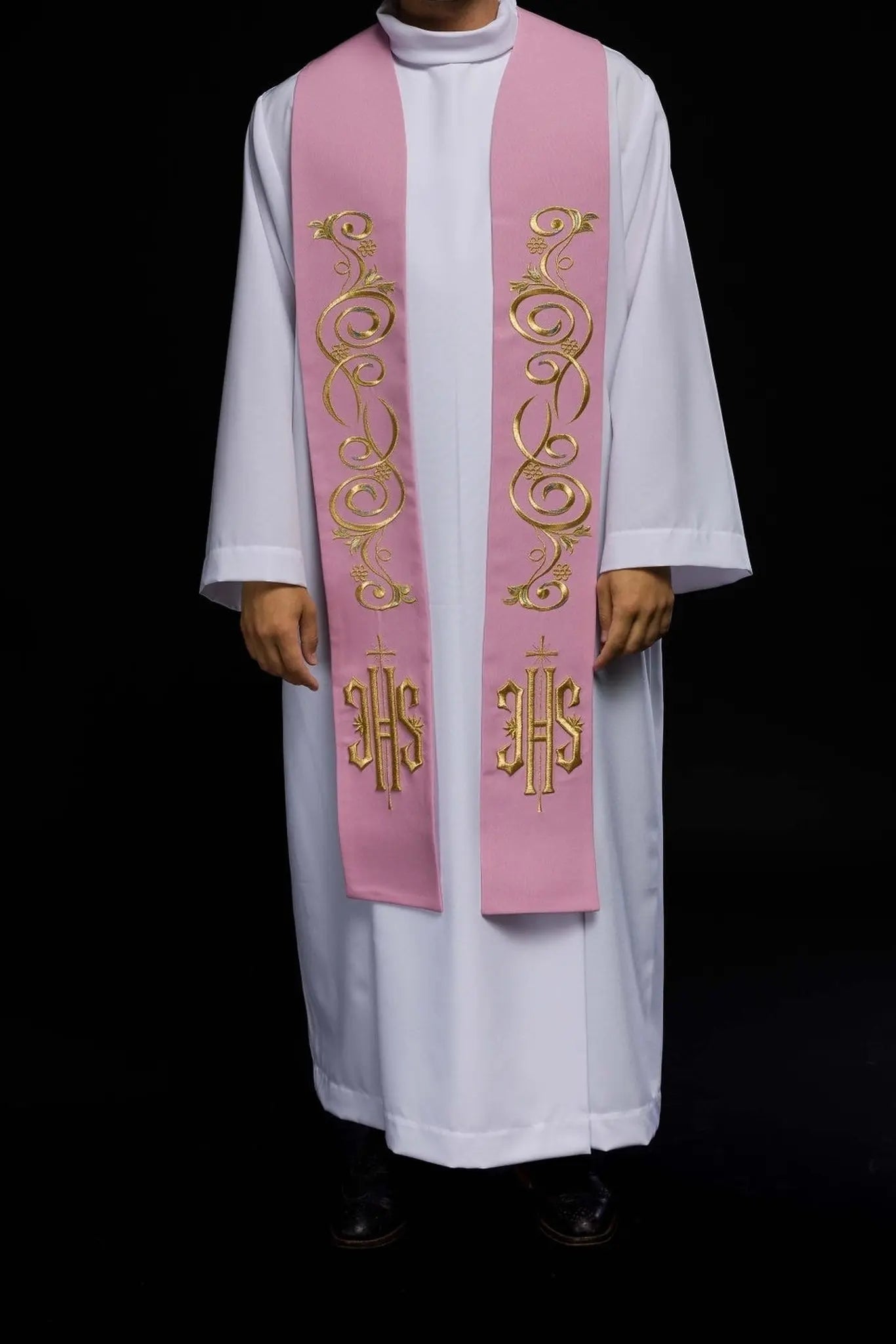 Embroidered priest's stole IHS Pink