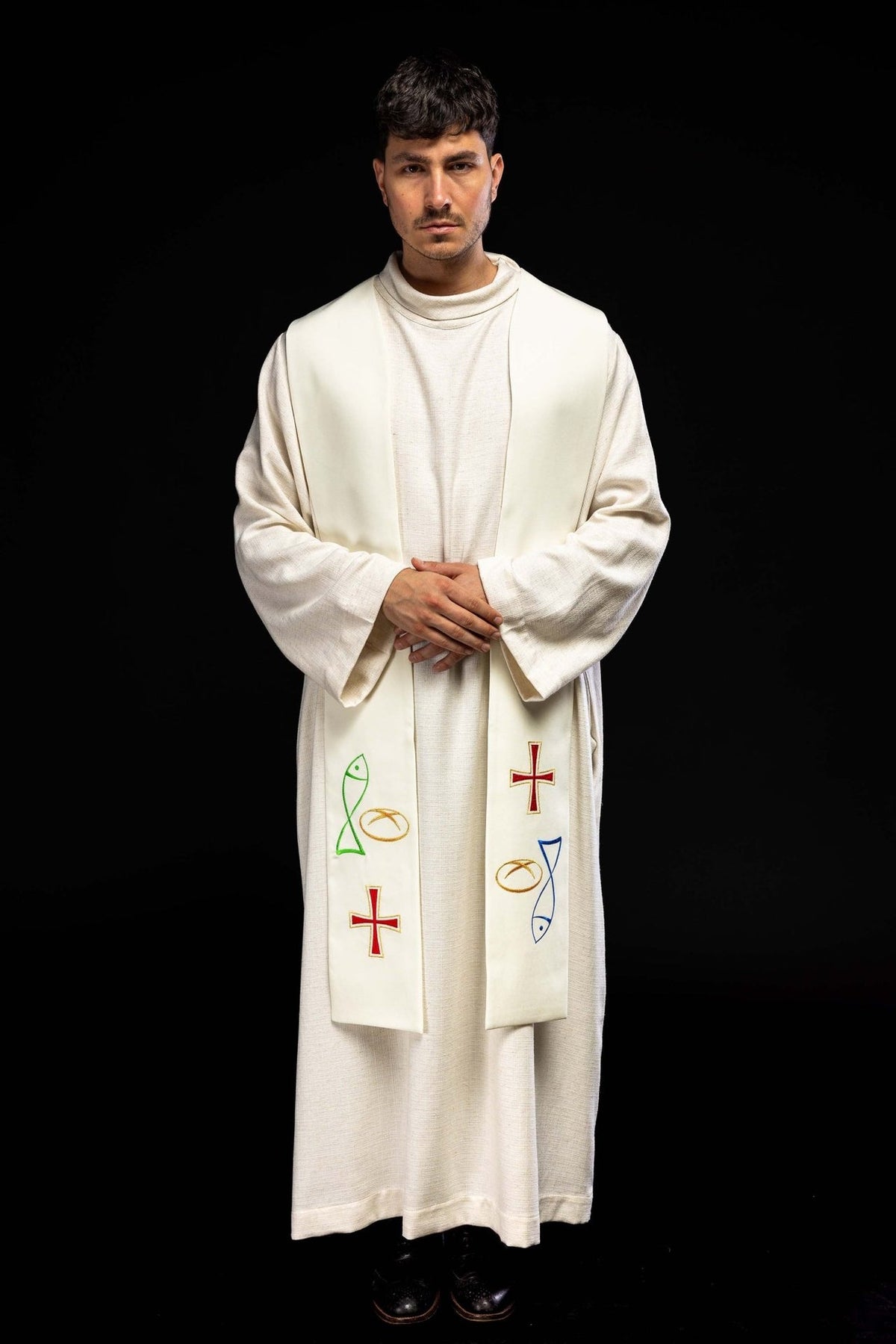 Stuła kapłańska haftowana Ryba Chleb Krzyż w kolorze ecru