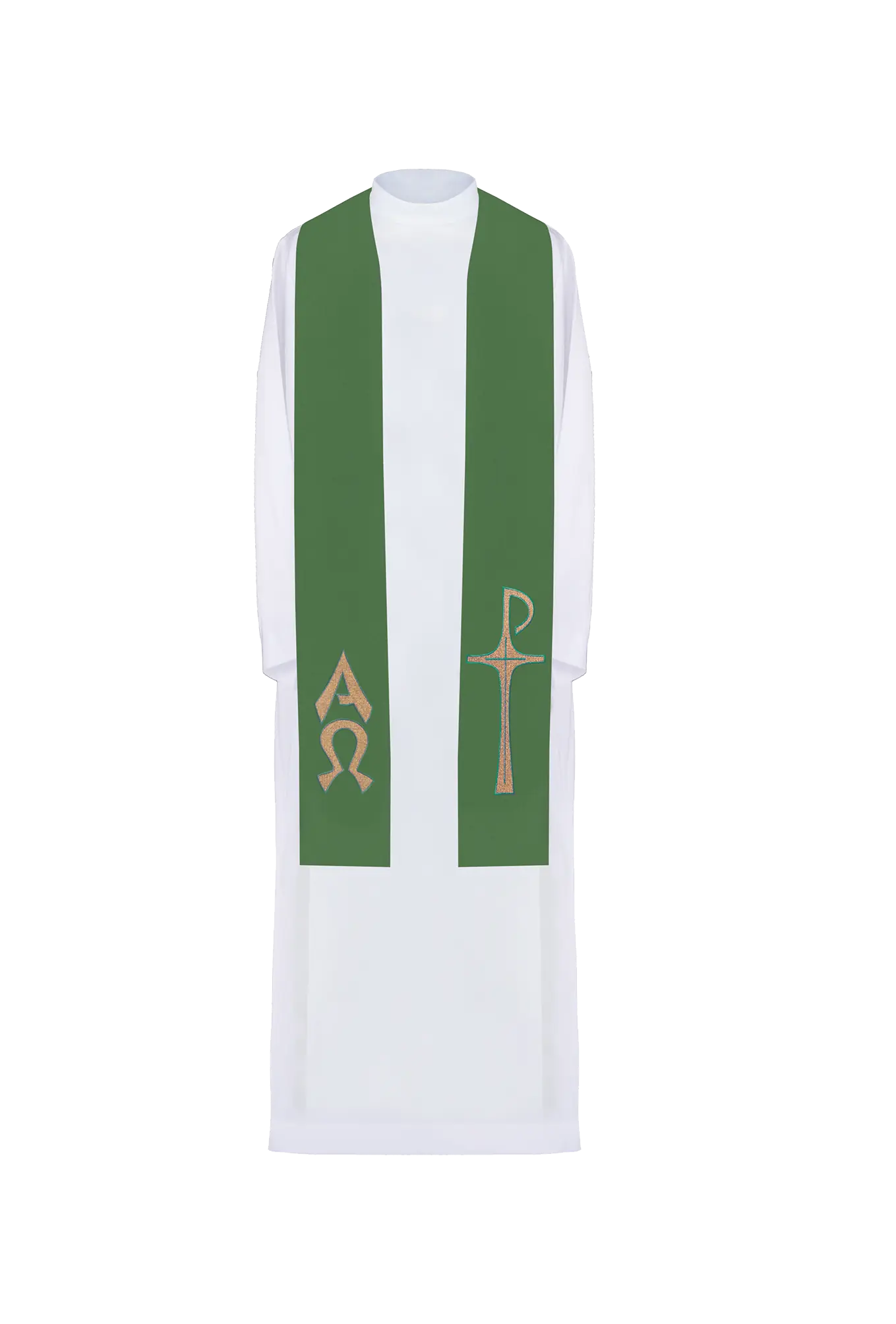 Priest's stole embroidered with Alpha and Omega motif in green