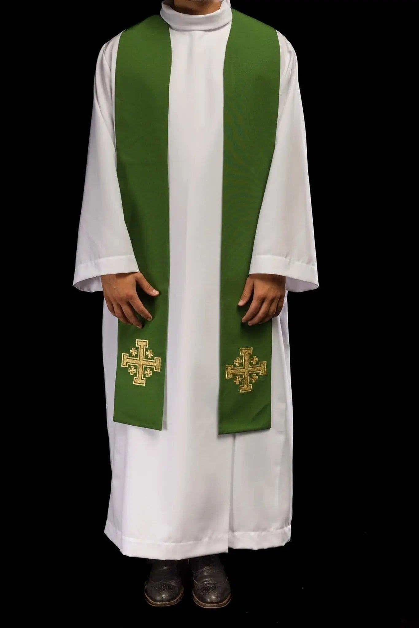Embroidered green priest's stole Jerusalem cross
