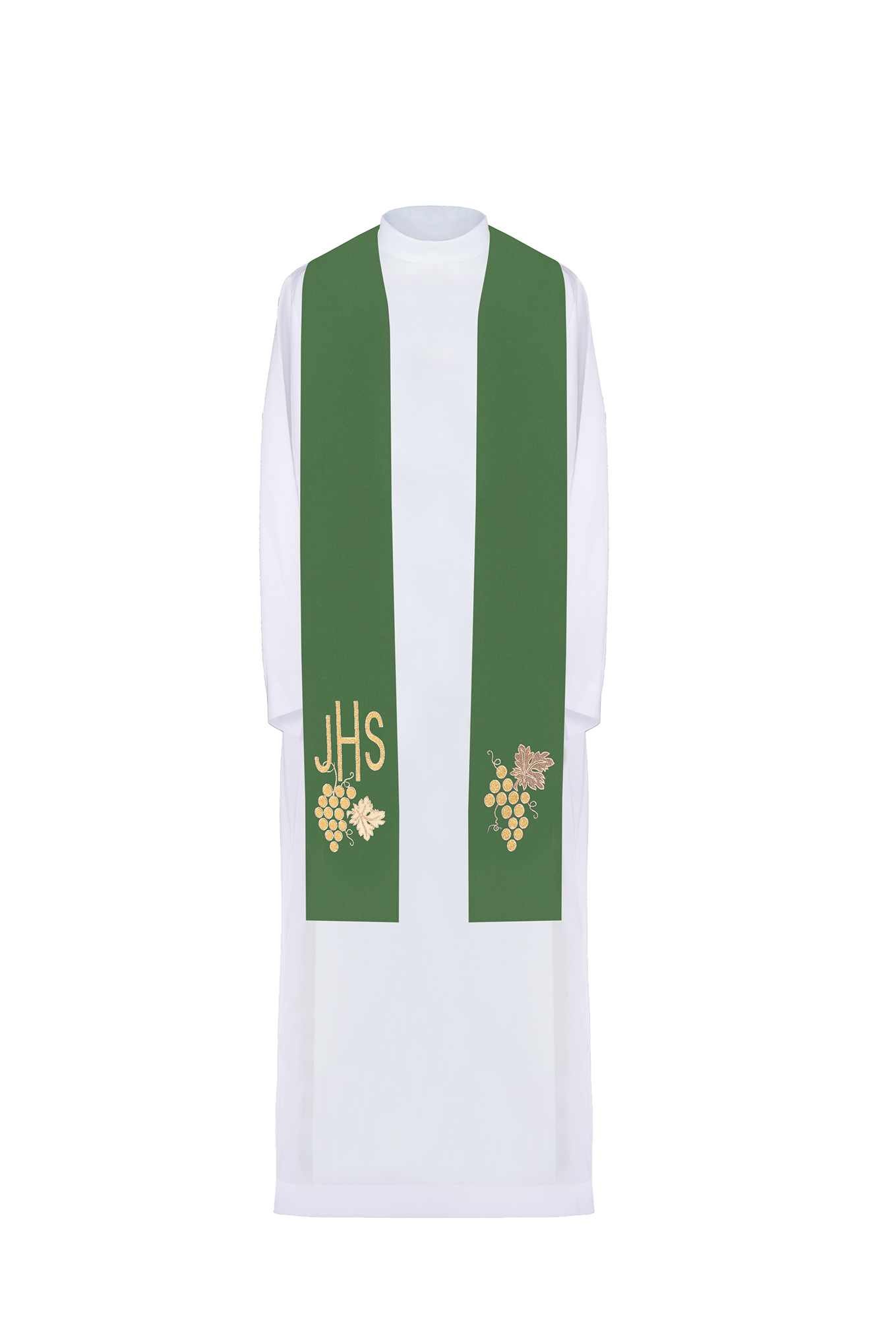 Green embroidered IHS priest's stole with grapes