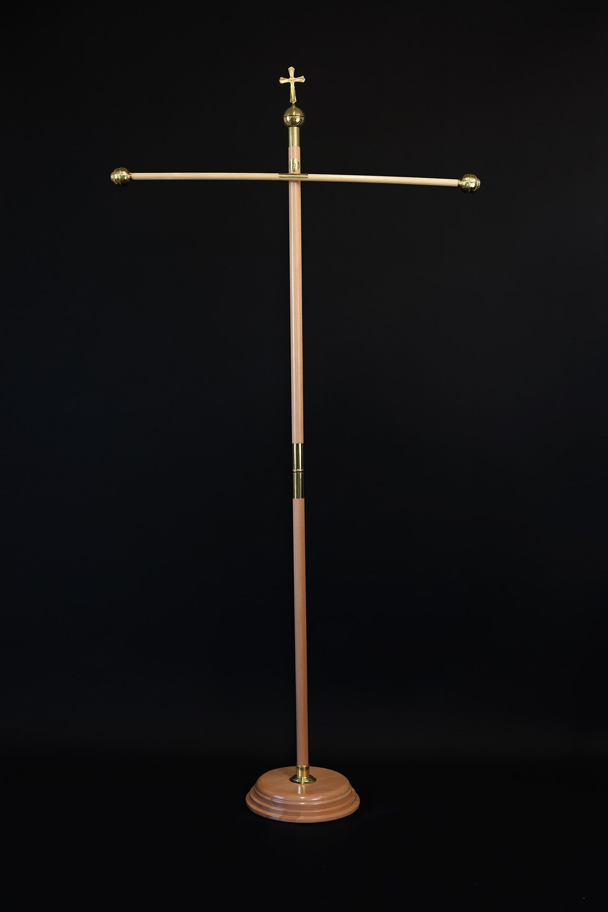 Wood Banner Pole with Decorative Cross Finial, full front view