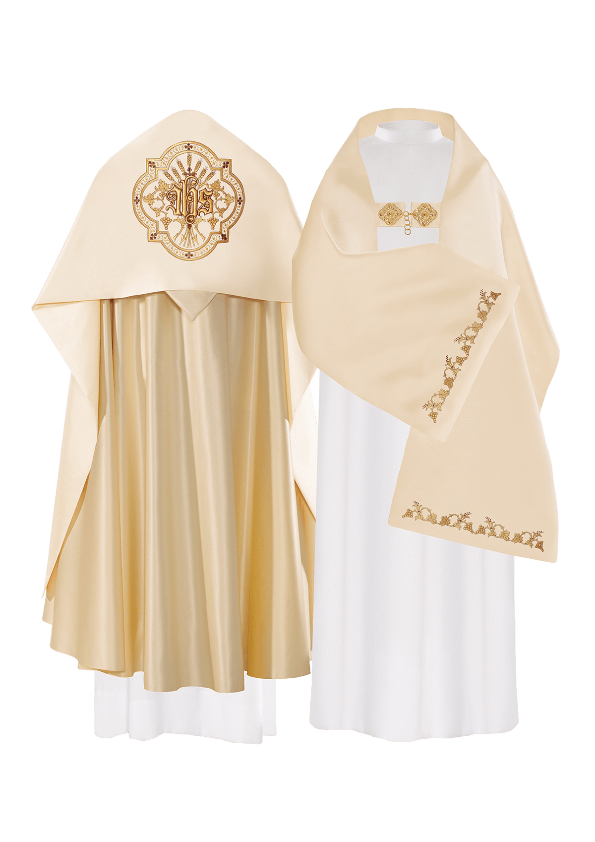Welon liturgiczny z motywem IHS otoczonym bogatym haftem w kolorze Ecru