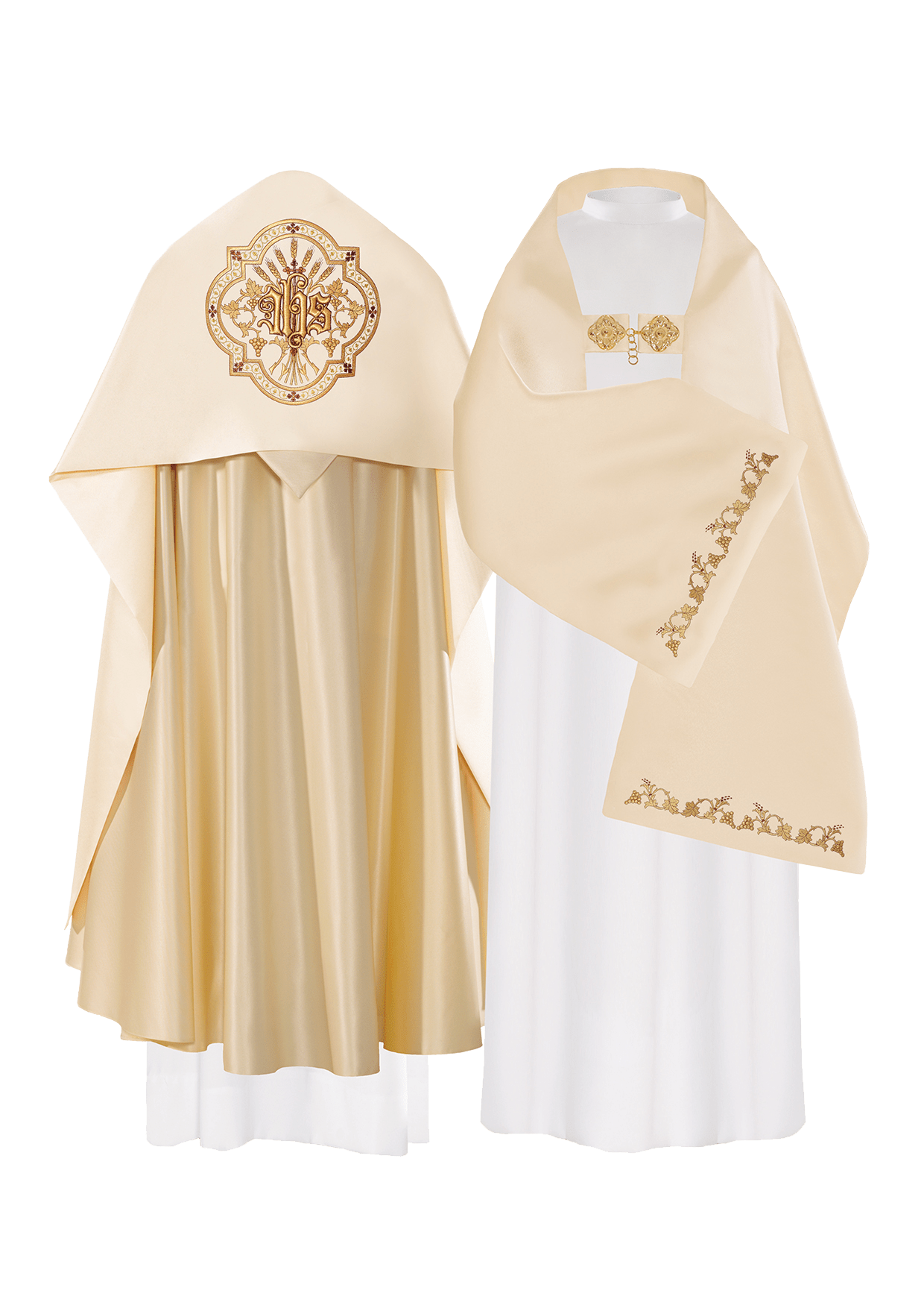 Welon liturgiczny z motywem IHS otoczonym bogatym haftem w kolorze Ecru